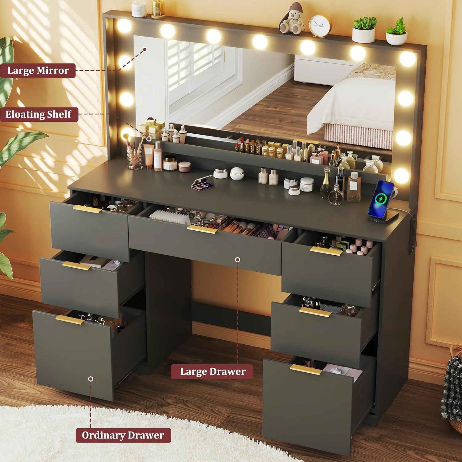 Fixwal Vanity Desk, 45.3in Makeup Vanity with 7 Drawers & Large Mirror, Black Vanity Desk for Bedroom - Image 4 Fixwal Vanity Desk, 45.3in Makeup Vanity with 7 Drawers & Large Mirror, Black Vanity Desk for Bedroom - Image 4