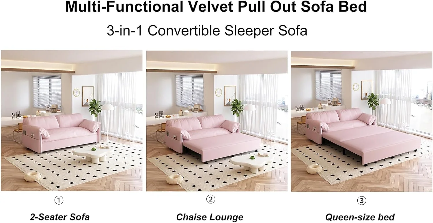 Tabaray 63.8" Futon Sofa Bed Queen Size, Pull Out Bed, 3-in-1 Convertible Sleeper Sofa with Side Pocket, Modern Plush Velvet Futon Couch for Living Room, Small Space, Apartment, Bedroom, Black - Image 20