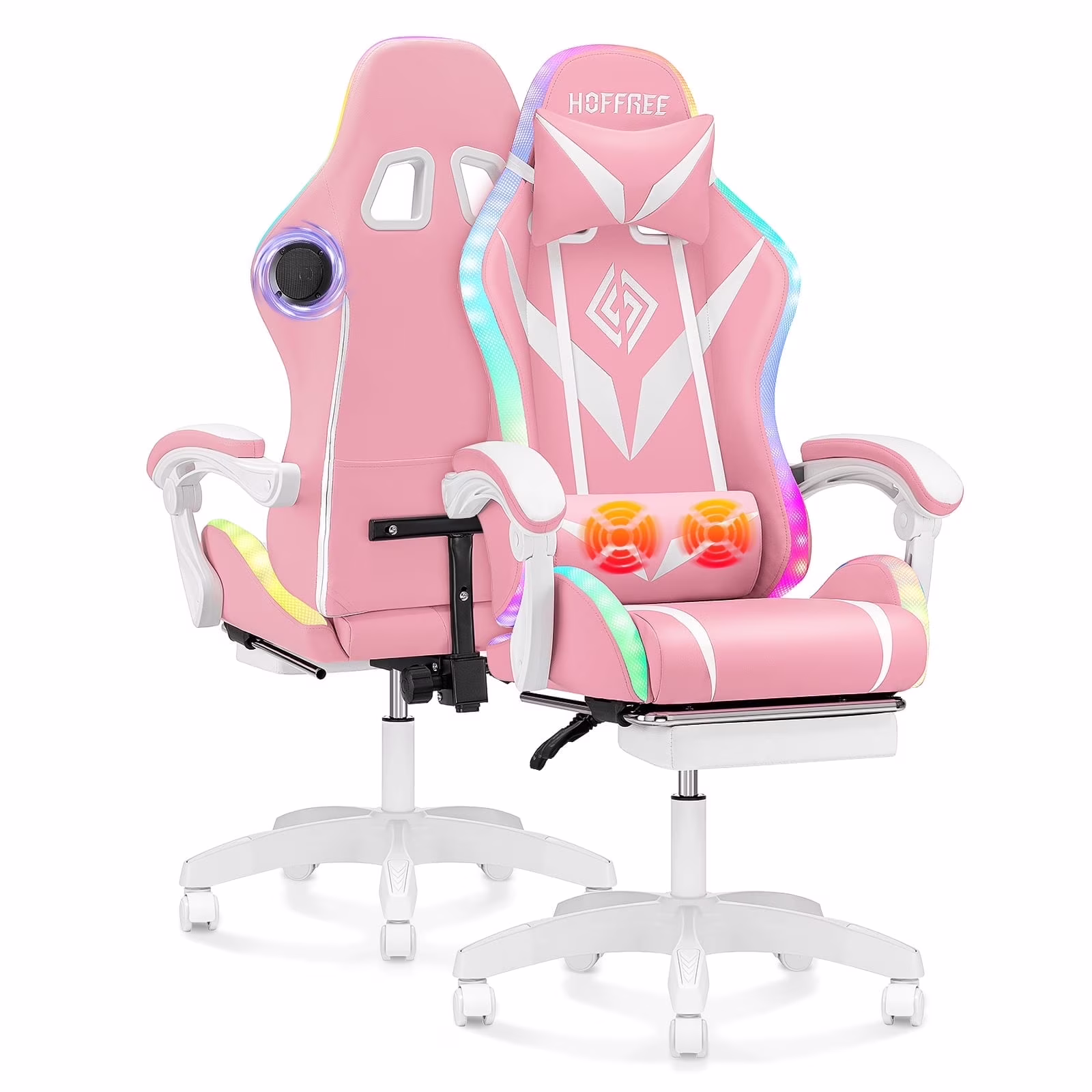 Hoffree Gaming Chair with Speakers PU Leather Office Chair with Footrest and LED Lights Ergonomic Gamer Chair with Massage Lumbar Support and Headrest Adjustable Swivel for Home Office 300lb - Image 17