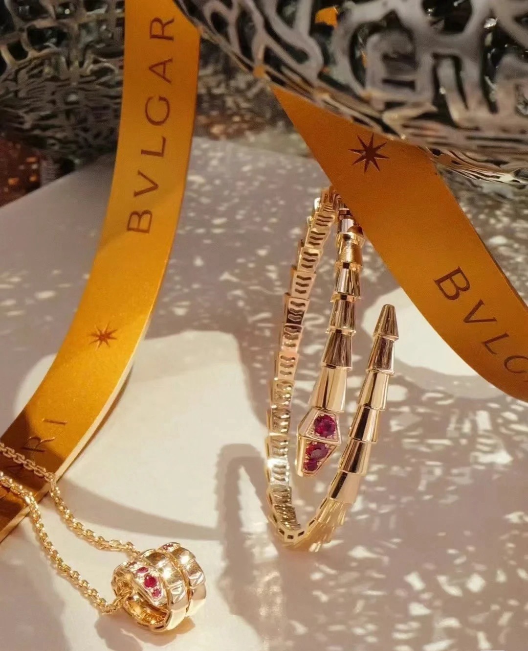Bvlgari Rose Gold and Red Gem Serpenti Viper Bangle Bracelet - Original Replica Club