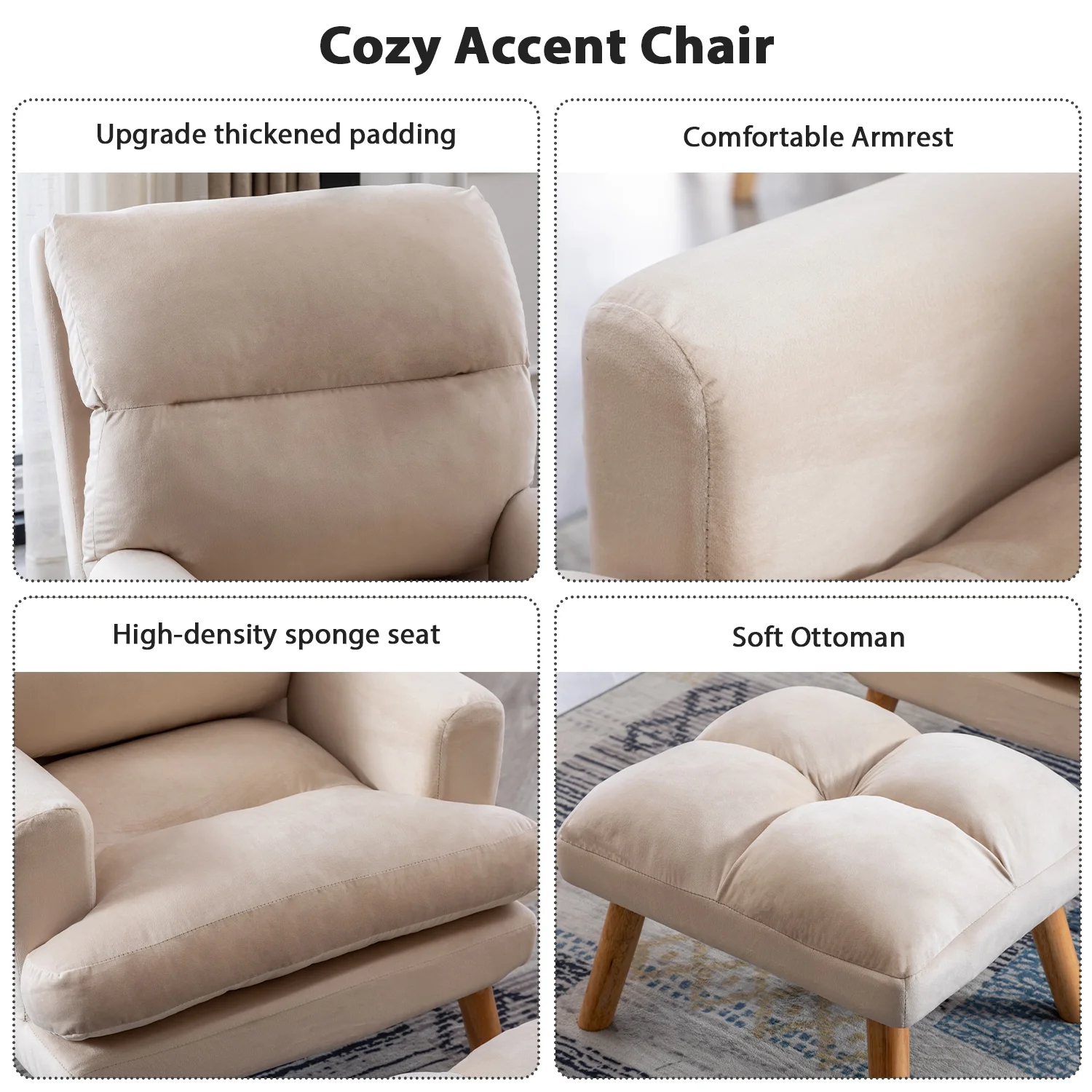Bestier Adjustable Accent Chairs with Ottoman, Velvet Fabric Armchair for Bedroom Living Room, Comfy Lounge Chair with Padded Backrest and Side Pocket, Soft Reading Chair, Beige - Image 5