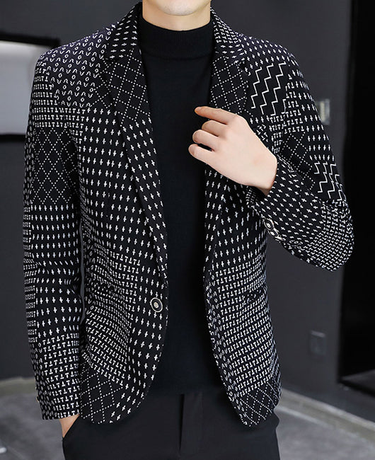 Casual Black Random Graphic Print Spliced Lapel Collar Thick Blazer