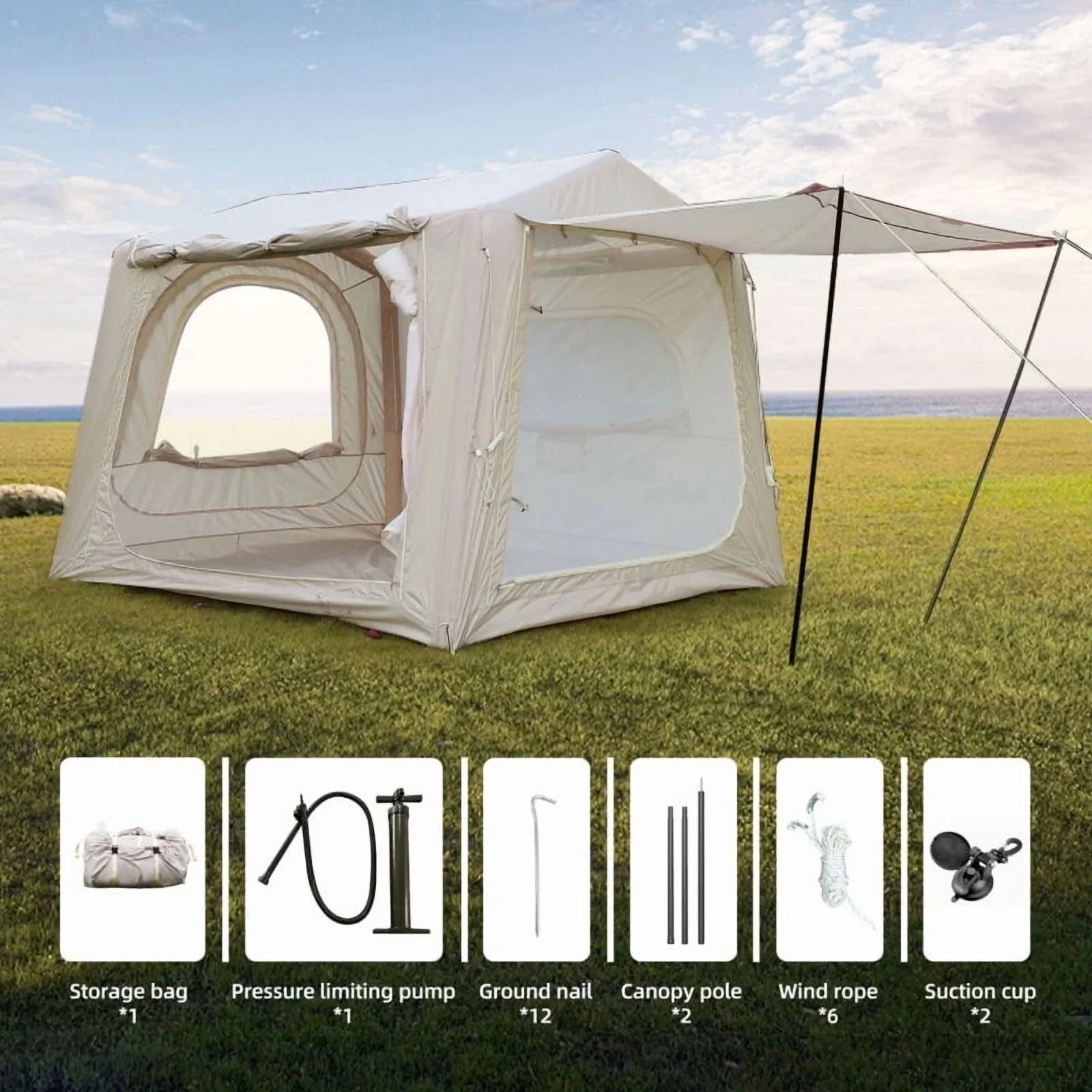 Beige Inflatable Camping Tent, 4-6 Person, 118in L x 98.5in W x 83in H, 4-Season, Oxford - Image 7 Beige Inflatable Camping Tent, 4-6 Person, 118in L x 98.5in W x 83in H, 4-Season, Oxford - Image 7
