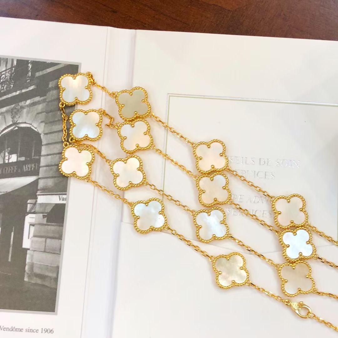 VCA Yellow Gold White Clover Vintage Alhambra Long Necklace, 20 Motifs - Original Replica Club
