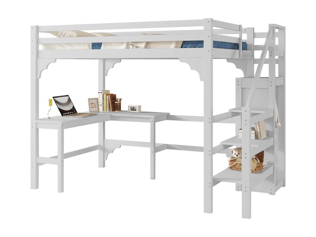 Cama Cozovis 140 x 200 cm con escritorio esquinero y armario - madera de pino - somier - blanco