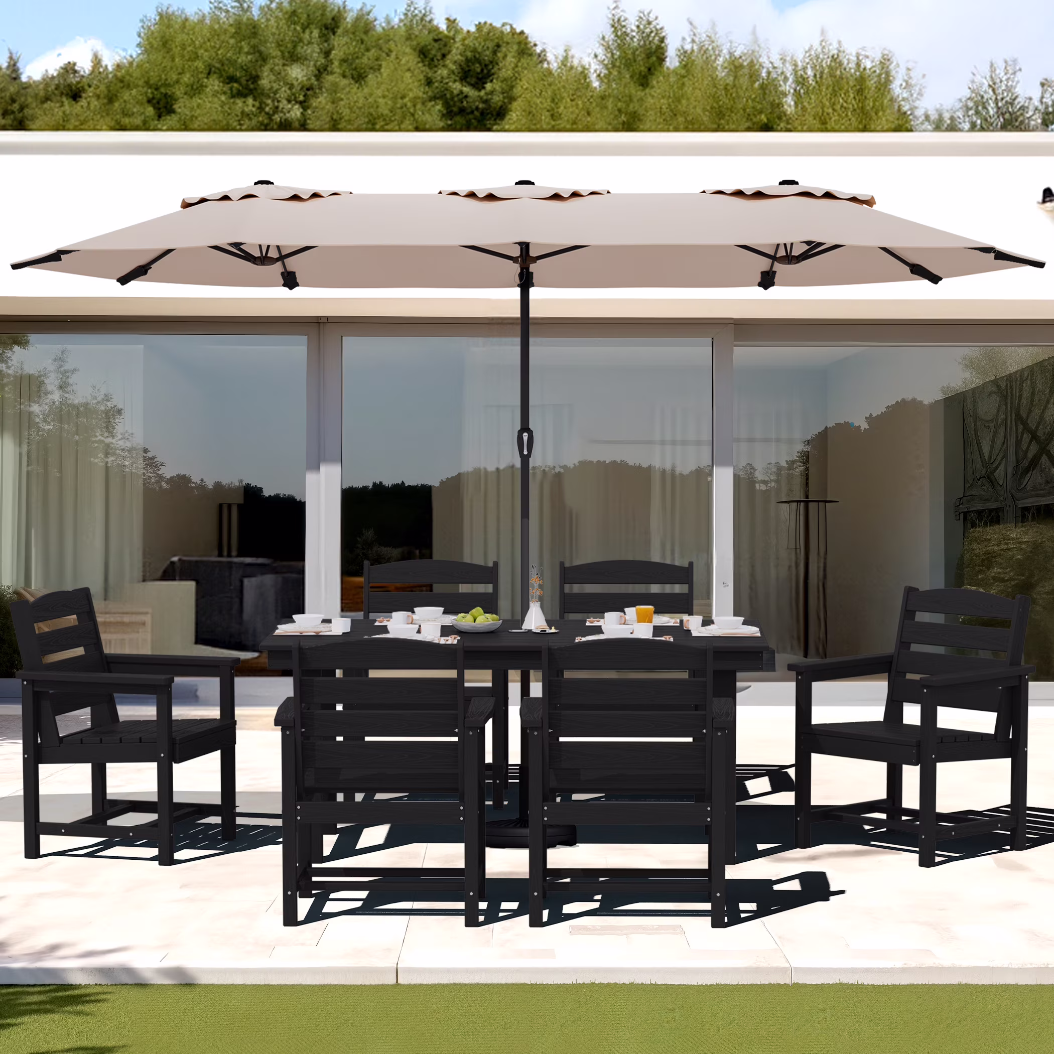 SERWALL Outdoor HDPE Dining Table Set, 7-Piece Outdoor Dining Table Sets with Umbrella Hole, Grey - Image 7