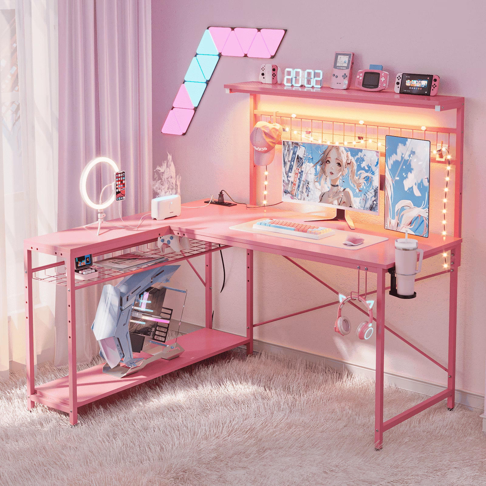 Bestier 51 L Shaped Gaming Desk with Power Outlets & LED Light, Computer Desk with 4 Tiers Shelves for Home Office, Reversible Gamer Table with Hooks and Cup Holder, Carbon Fiber - Image 9