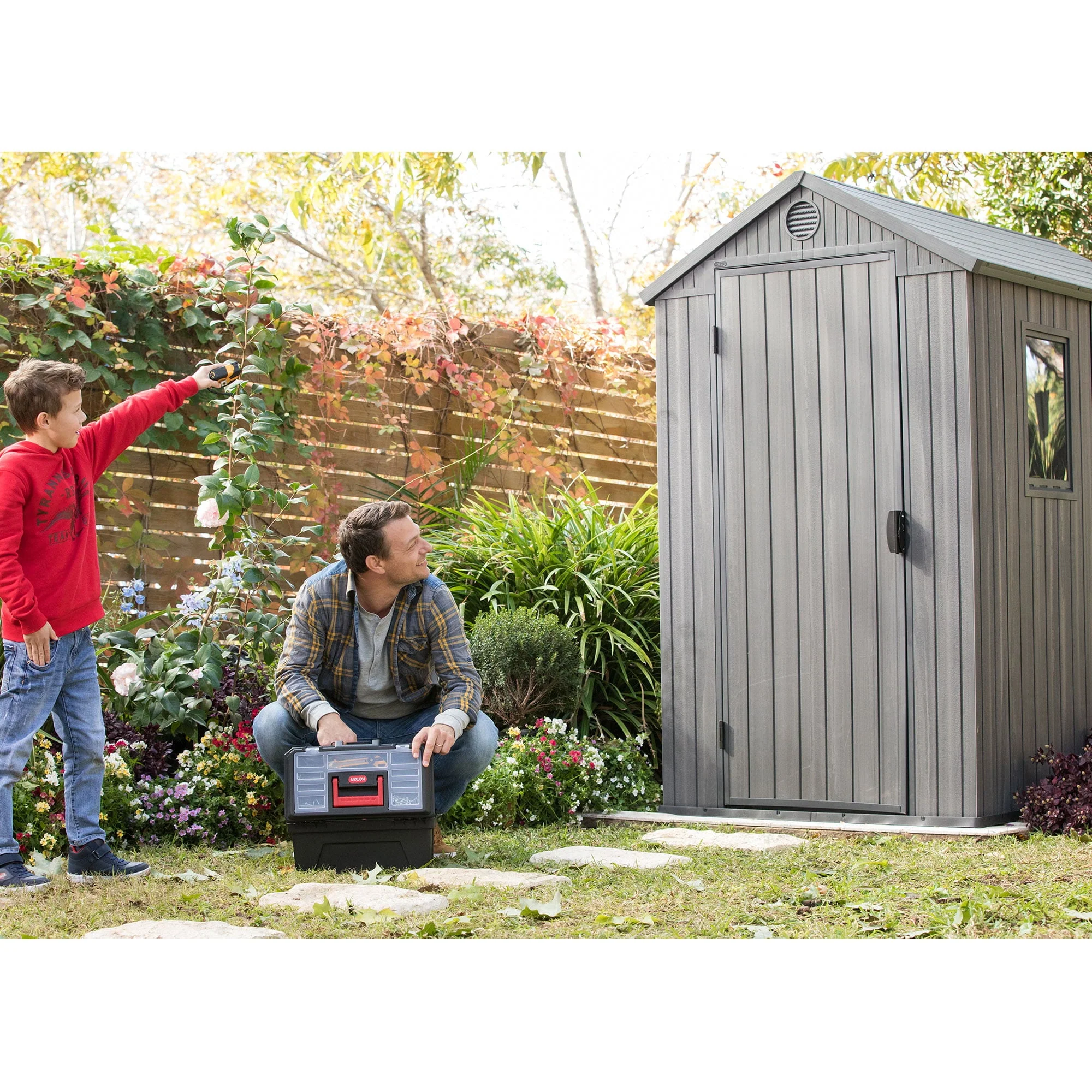 Keter Darwin 4' x 6' Outdoor Garden Tool Storage Shed w/ Window, Graphite - Image 3