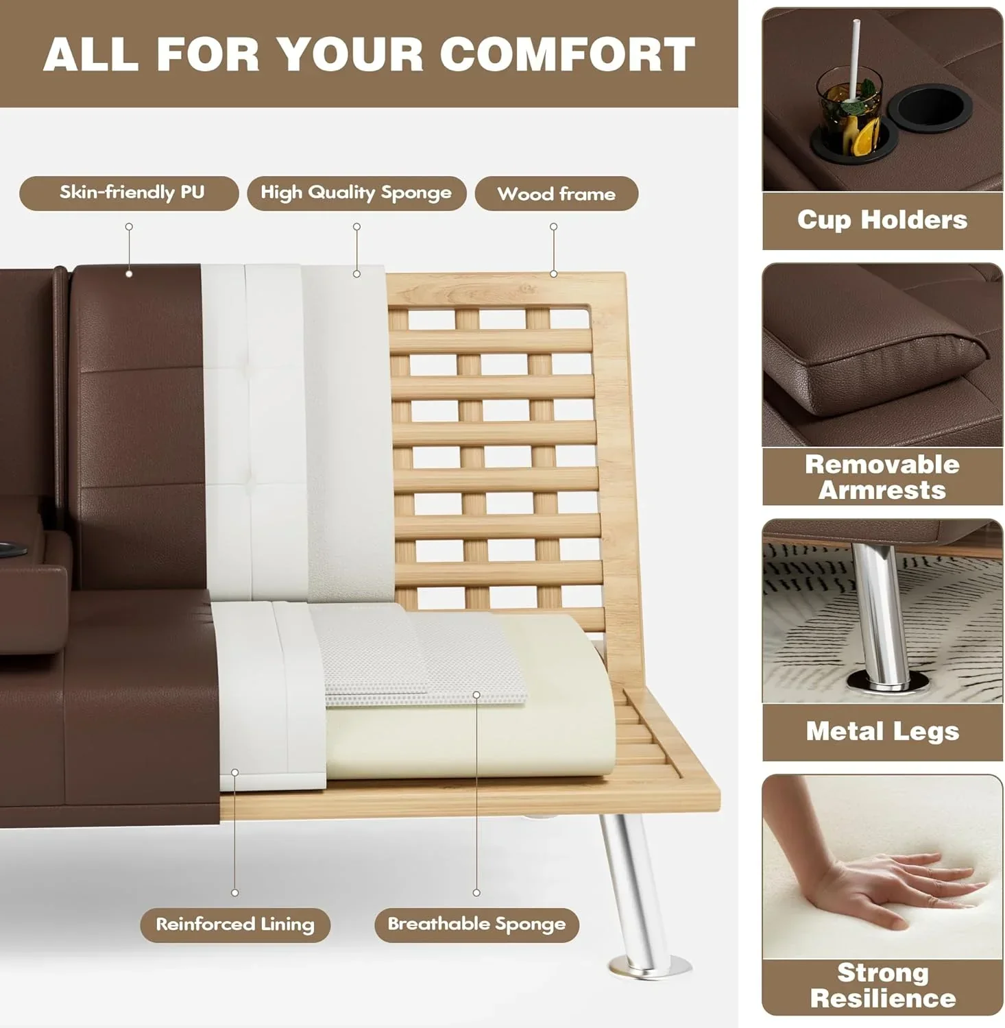 Homall Futon Sofa Bed Leather Futon Couch with Armrests Adjustable Recliner Sleeper Sofa Bed