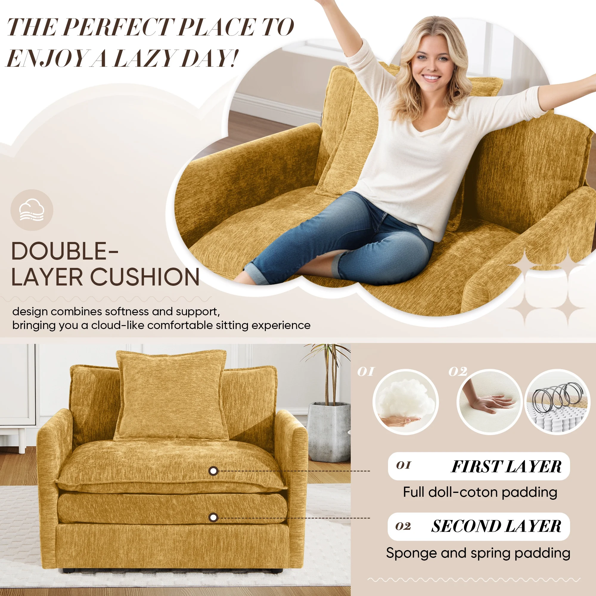 Muumblus Oversized Lounge Chair with Ottoman, Cloud Accent Armchair for Living Room, Beige Chenille - Image 29