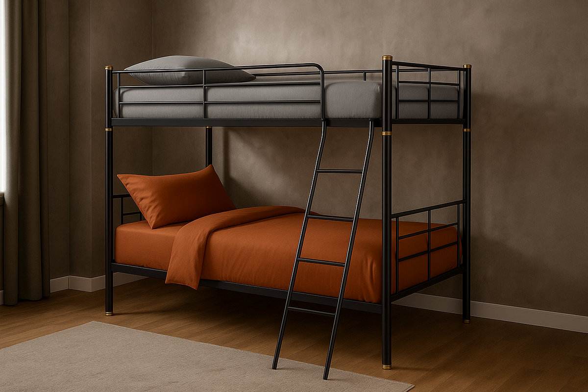 Litera metálica doble para habitación compartida con escalera multiuso negra 200x100x160cm negro/rojo/metal