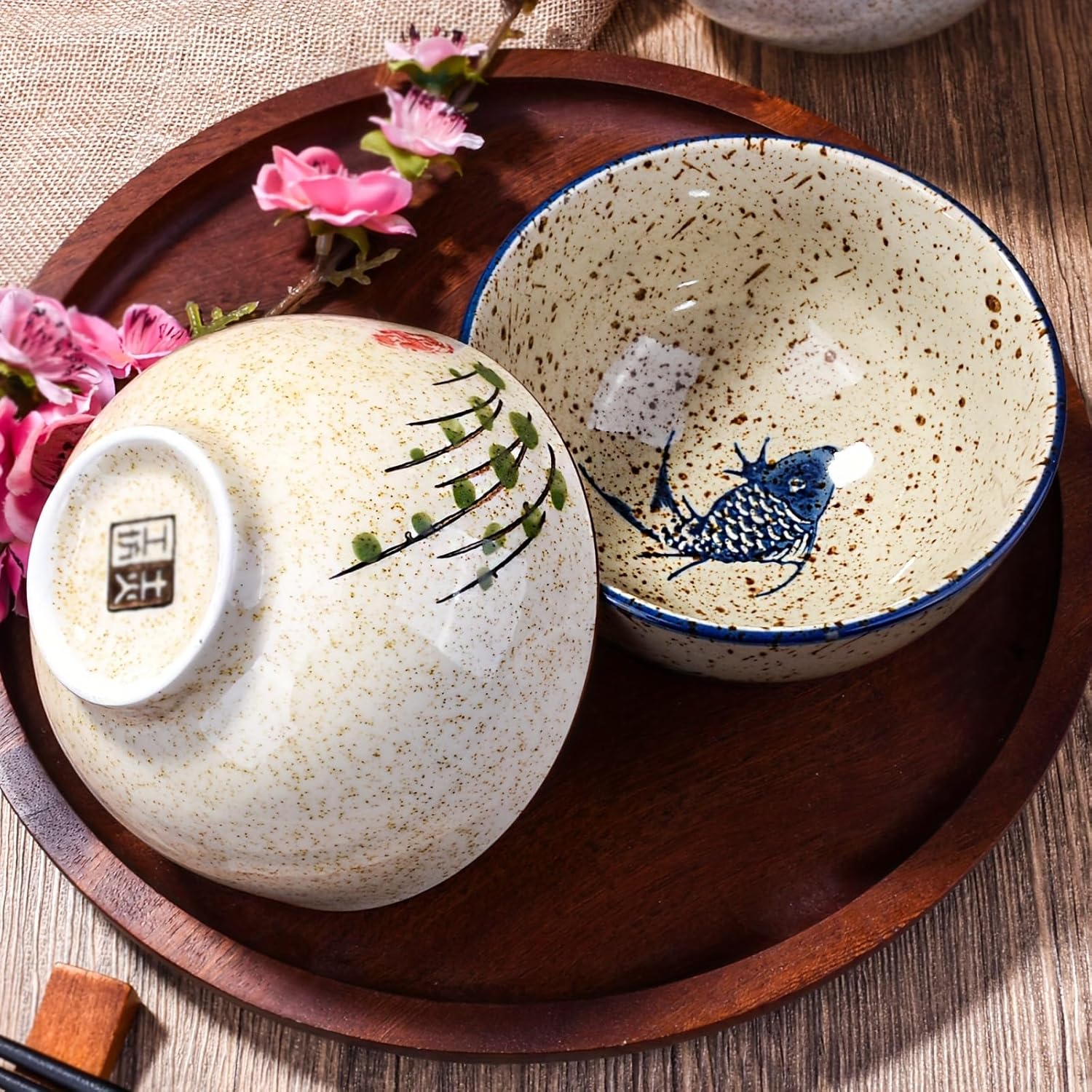 Japanese Retro Rice Bowls Set of 4 Hand-Painted Floral Design Ceramic Soup Sushi Bowls Small Cute Bowls
