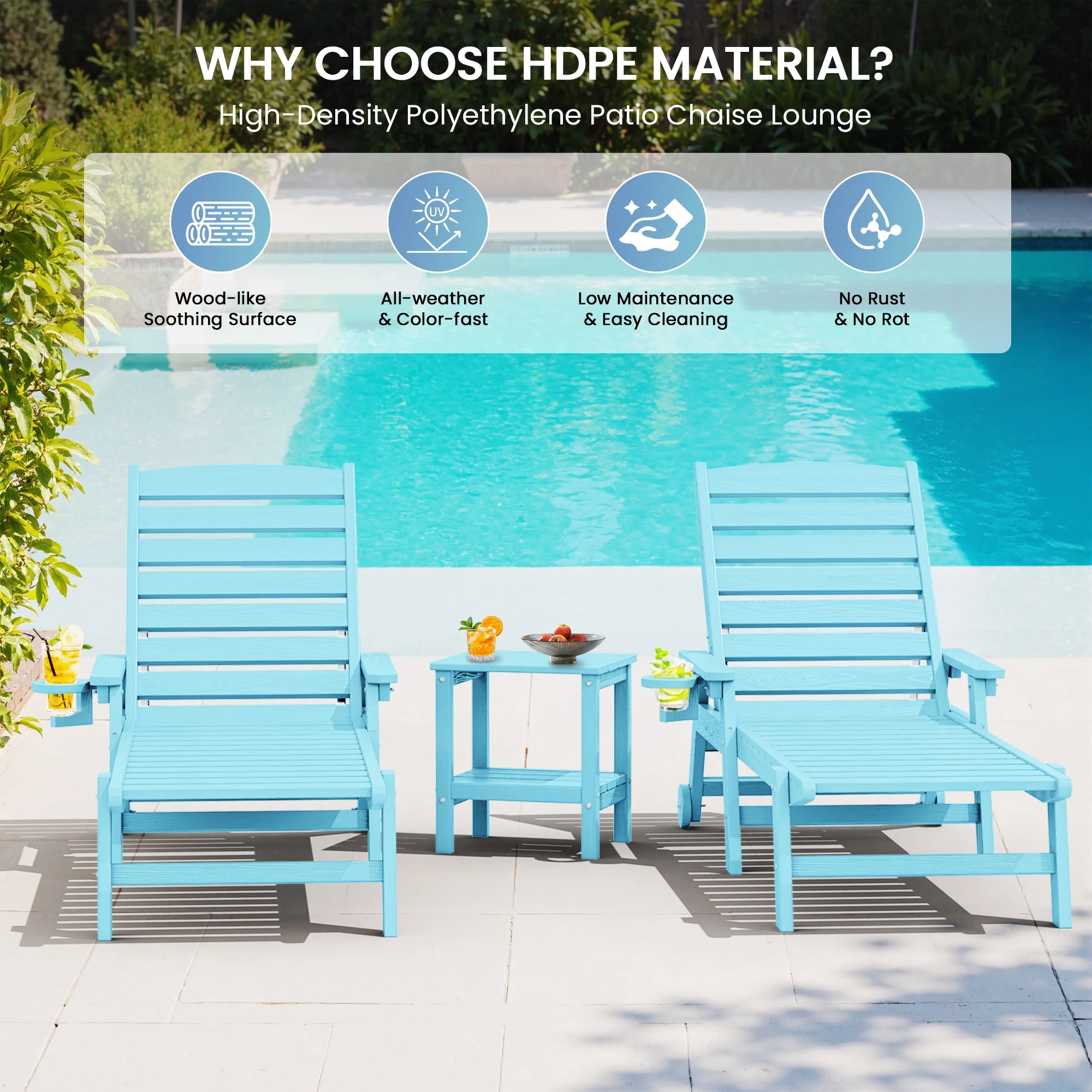 SERWALL Patio Chaise Lounge Chair, 78'' HDPE Outdoor Lounge Chair 5 Positions Pool Lounger Navy Blue - Image 54