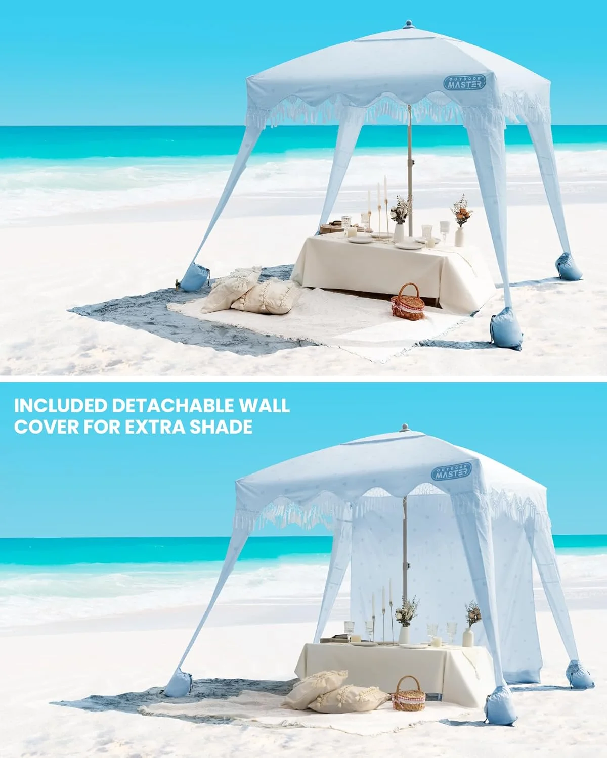OutdoorMaster Beach Cabana with Fringe, Portable 6' x 6' Beach Canopy, Easy Set Up Beach Shelter, Included Side Wall, UPF 50+ UV Protection Sun Umbrella - for Kids, Family & Friends - Image 26