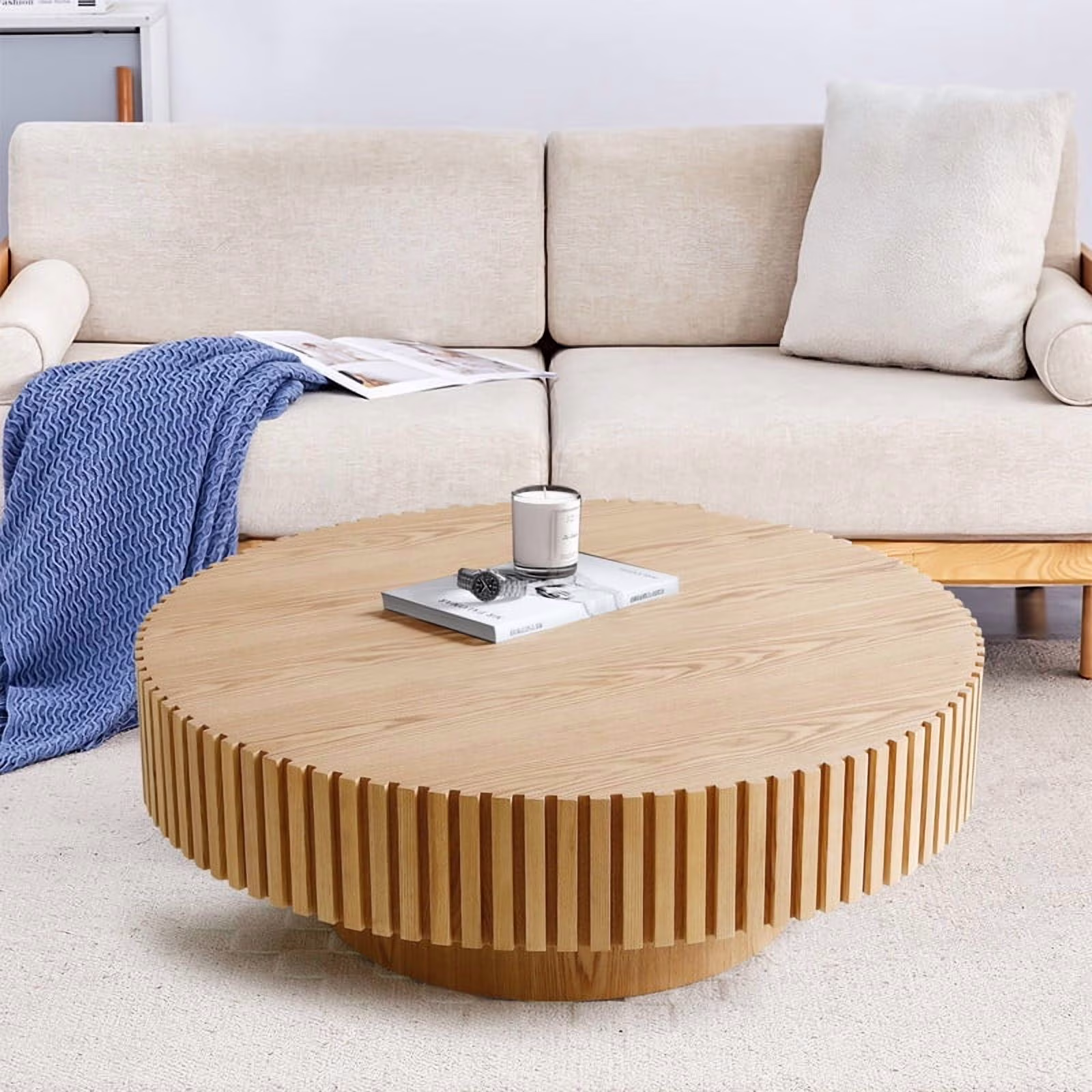 FFH 43.7 inch Oval Coffee Table for Living Room,Handcraft Rustic Corner Coffee Table Nature Wood Relief Sturdy Pedestal for Apartmen,Side Table Centre Table,Nature Wood - Image 9