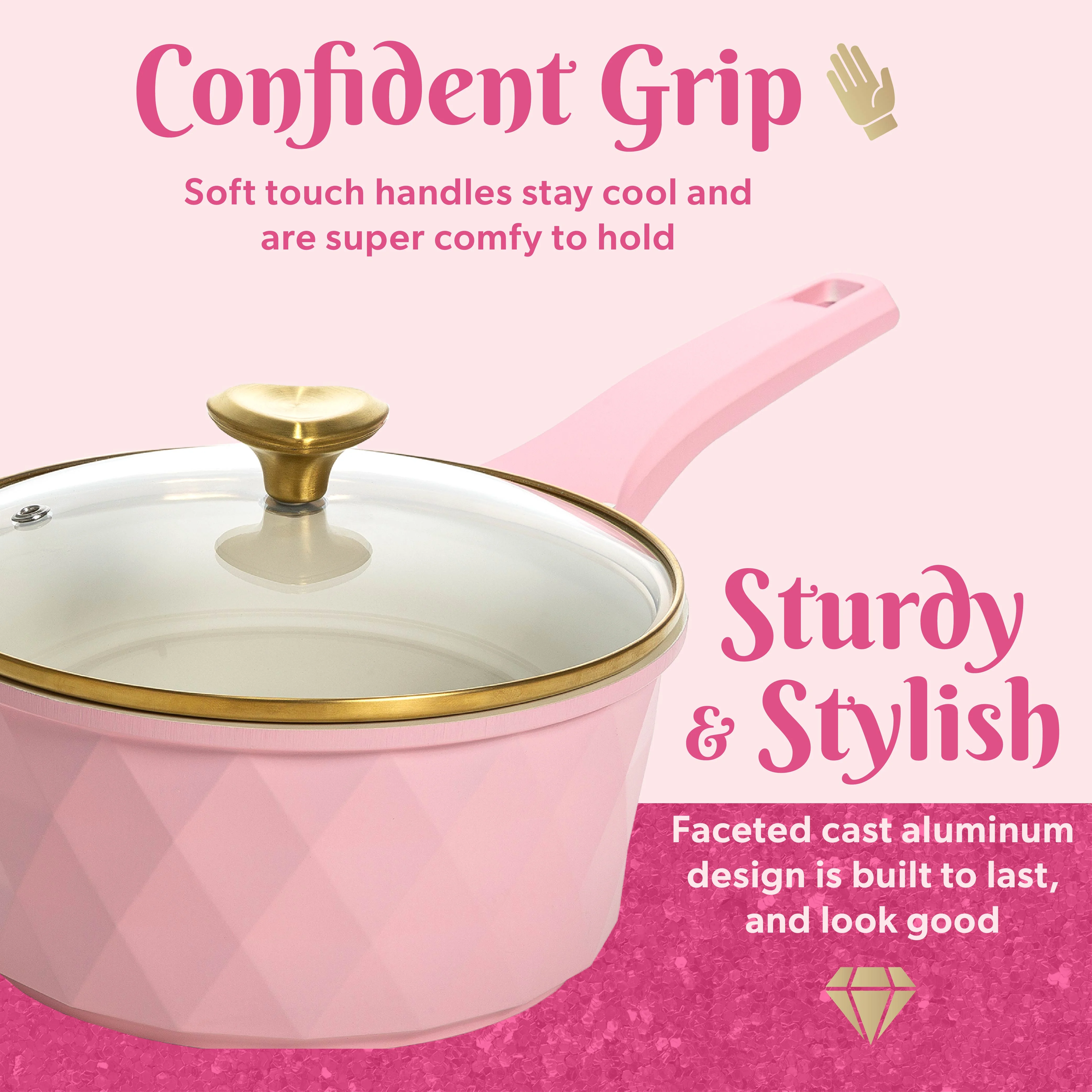 Paris Hilton 10-Piece Ceramic Nonstick Cast Aluminum Cookware Set, Clean Ceramic? Coating, Faceted Pink Design - Image 7