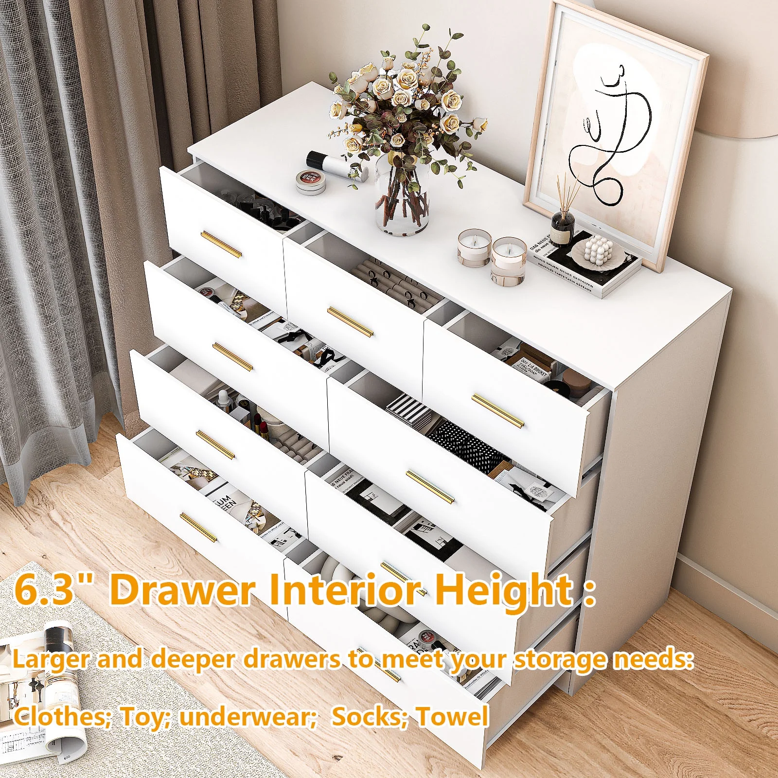 Ktaxon 6 Drawer Double Dresser Wood Dresser Storage Cabinet Drawer Organizer Chest Of Drawers, White - Image 20