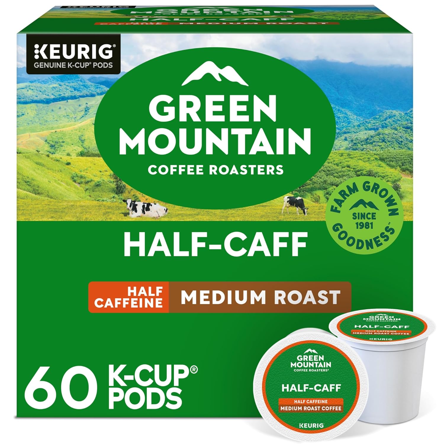 Green Mountain Coffee Roasters Half Caff. Keurig Single Serve K-Cup Pods. Medium Roast Coffee. 60 Count. (6 Packs of 10)