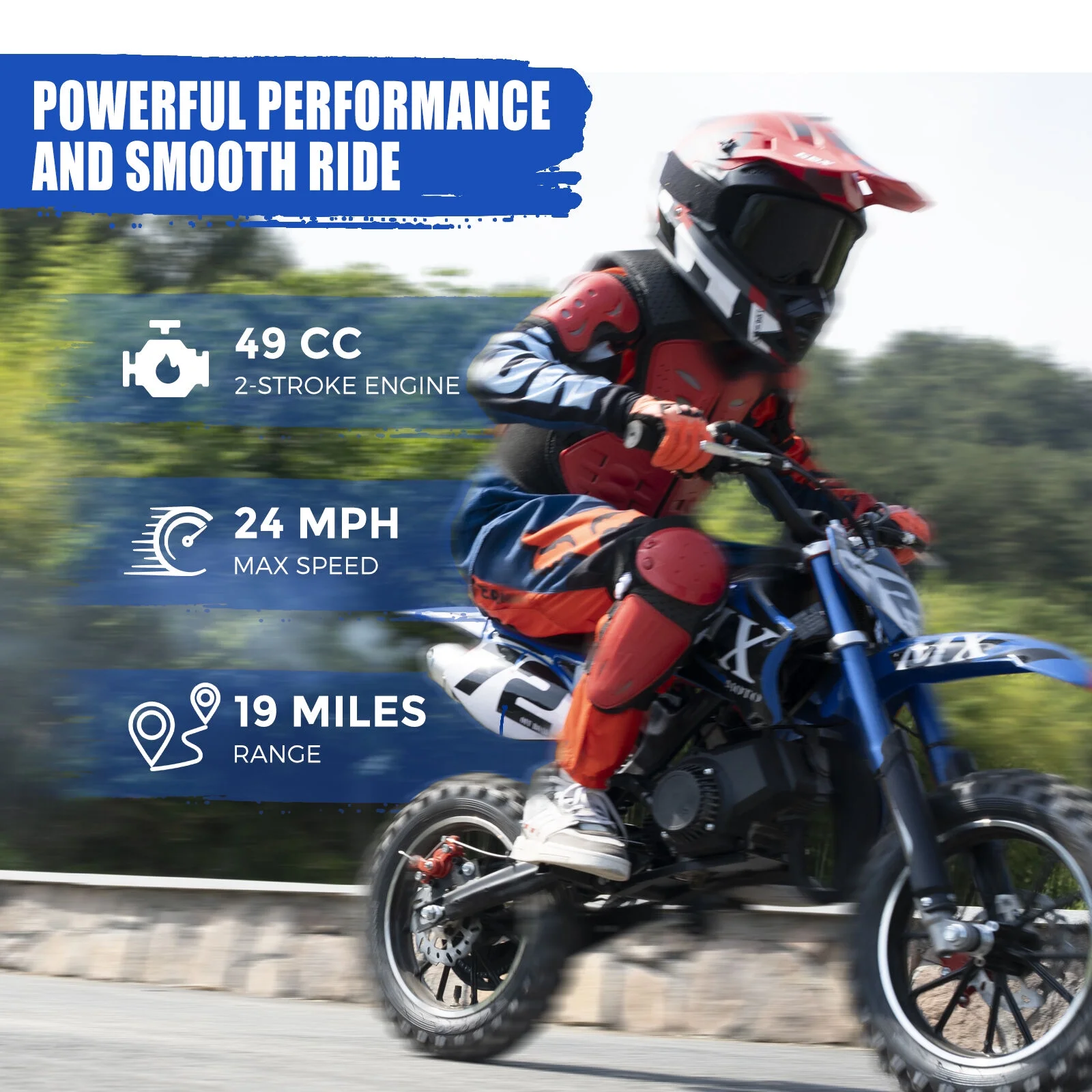 MX moto 49CC Kids Dirt Bicycle, 2-Stroke Gas Powered Off Road Motorcycle, Tire Shock Absorber Spring Soft Seat Cushion with Front and Rear Disc Brake, Max Speed 28 MPH - Image 9
