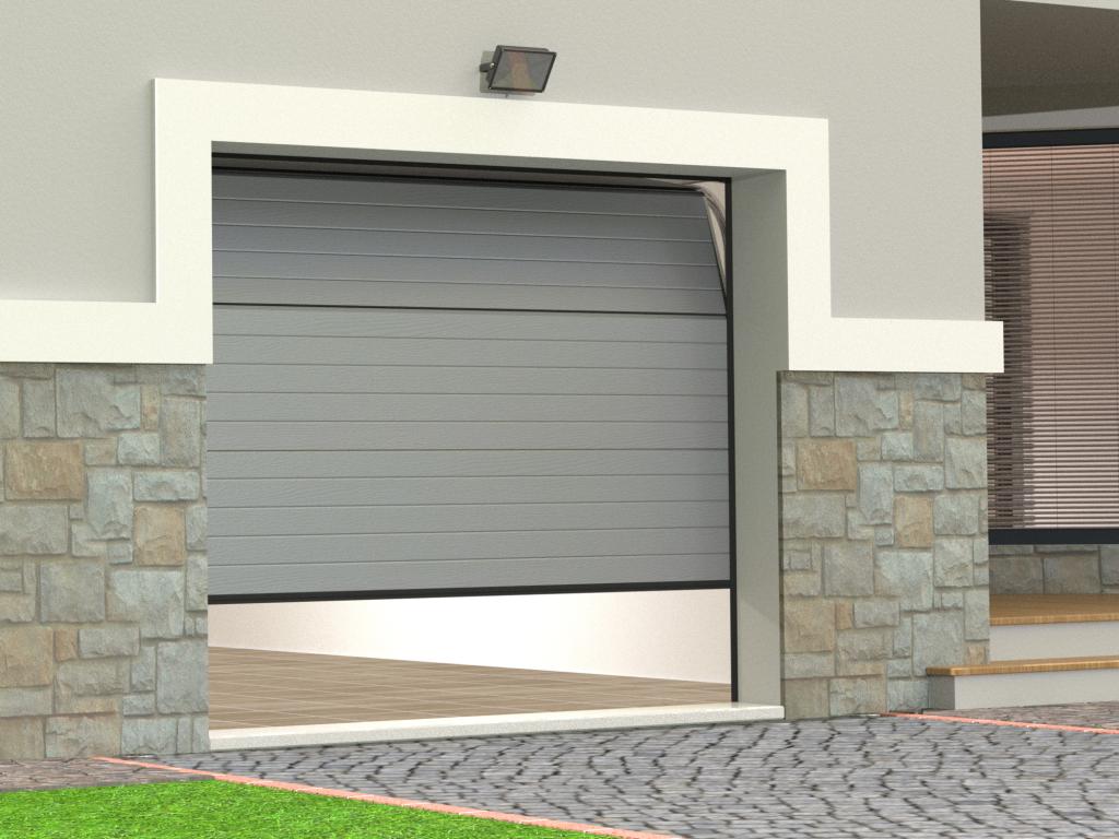 Puerta de garaje seccional efecto ranurado gris con motor Mubdelu - NORIA