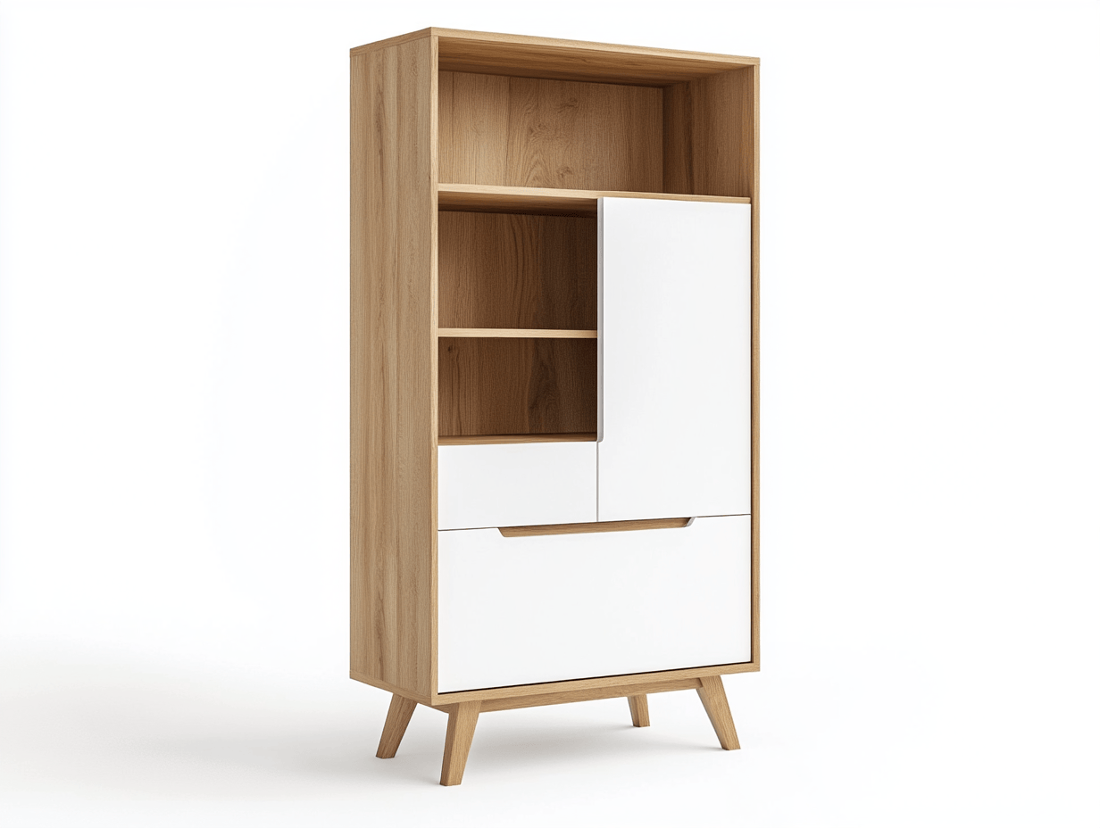 Armario alto 165×70 cm – blanco y roble – con estantes abiertos, puerta y cajones