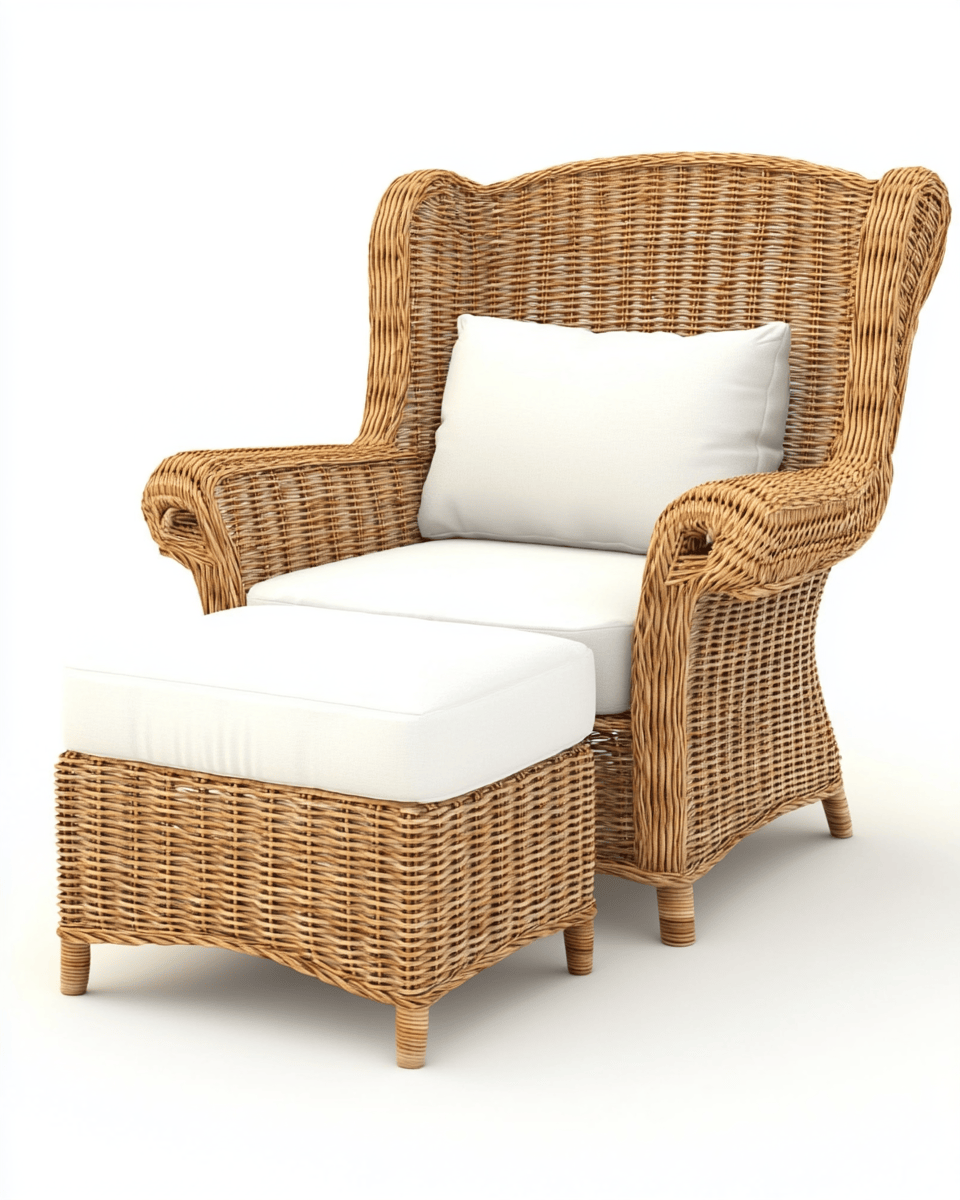 Conjunto de sillón alto de ratán con reposapiés – natural/blanco – estilo clásico para interiores o terrazas cubiertas