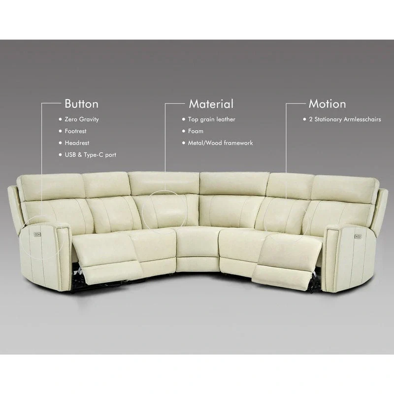 104" 3-Color Genuine Leather Power Reclining Sectional Sofa with Zero Gravity Feature, USB & USB-C Ports, and 2 Stationary Armless Chairs