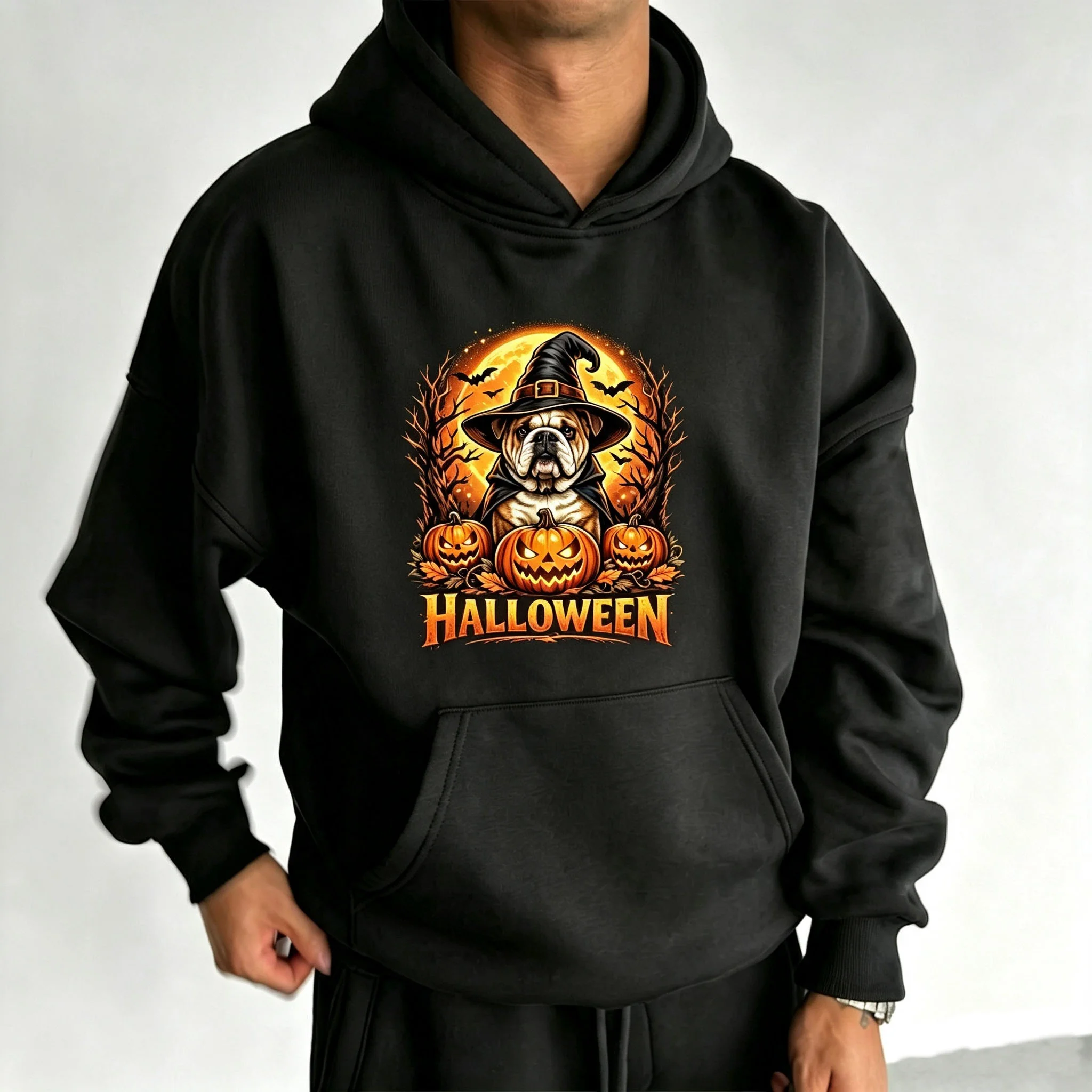 Unisex Halloween Bulldog Hoodie – Cute Witch Dog Pumpkin Graphic Black Pullover Hoodie TeeThreads Sustain the Scene with Custom Apparel