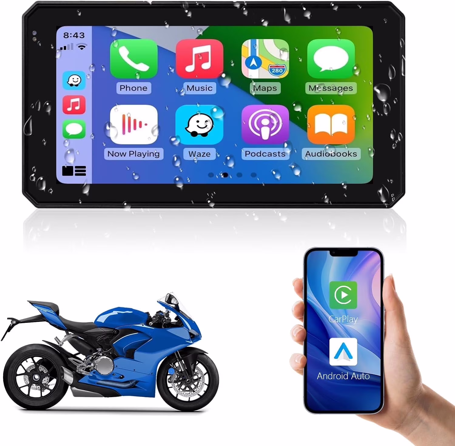 Wireless Carplay Wireless Android Auto Touchscreen for Motorcycle, Road Top Waterproof 5.98 in Touch Screen Device GPS Navigation for Motorbike, Stereo Receiver Bluetooth Monitor(5.98")