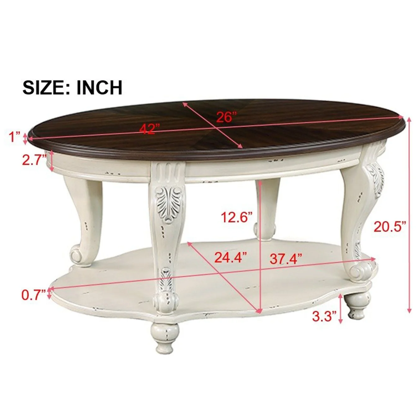 42" Oval Coffee Table with Storage Shelf, 2-Tier Solid Wood Cocktail Tea Table, Traditional Retro Center Table for Living Room, Bearing 400LBS, Cherry - Image 17