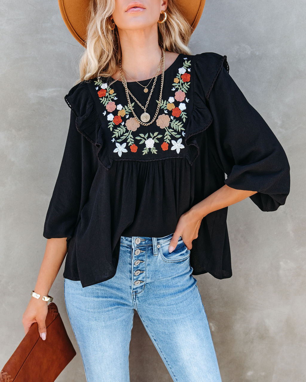 Bohemian Fall Floral Embroidered Babydoll Top - Black - SALE - Se7enfashion