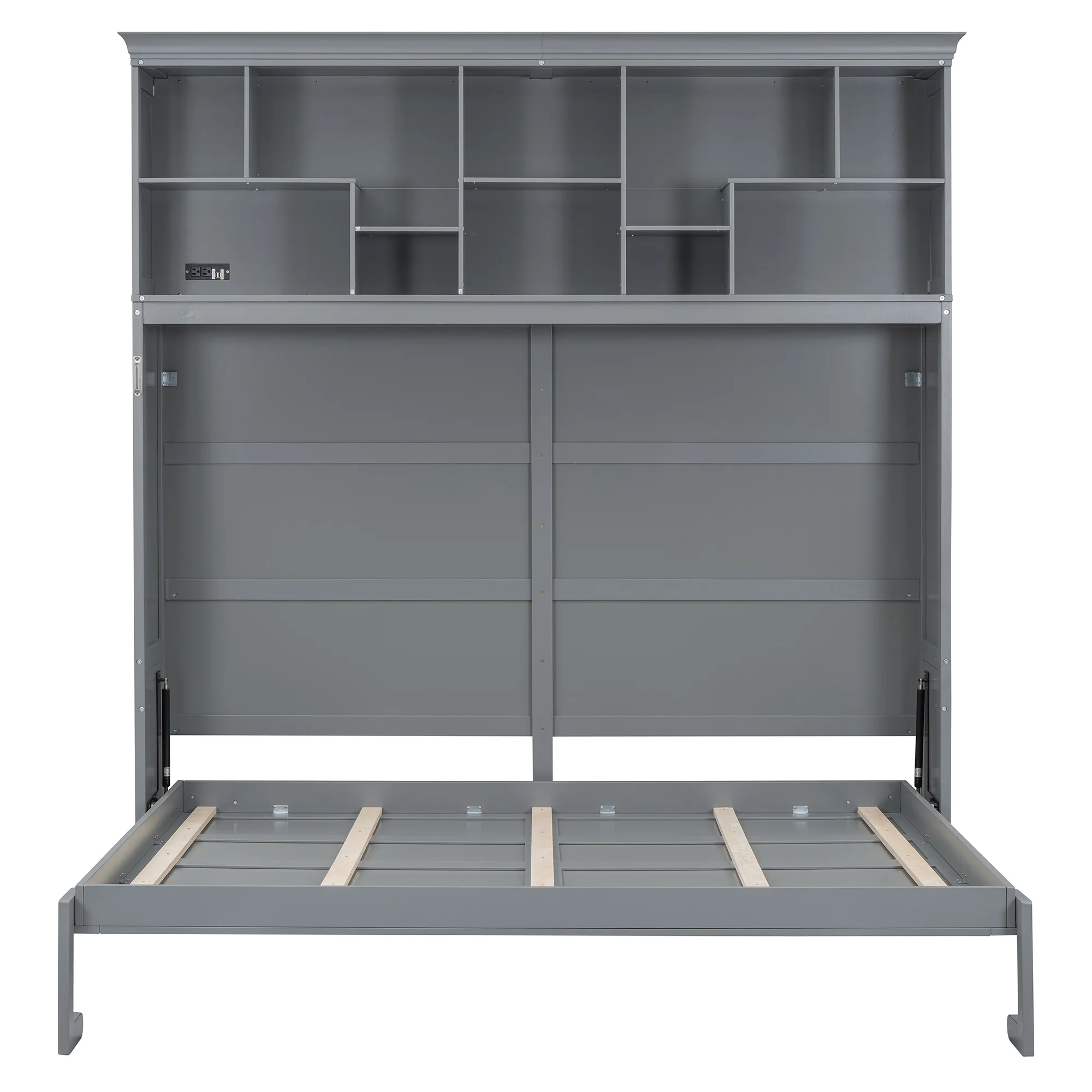 Queen Size Murphy Bed Wall Bed with Top Shelves & USB Charging, Space-Saving Cabinet Bed with Flexible Slats, Gray Modern Foldable Bed - Image 9