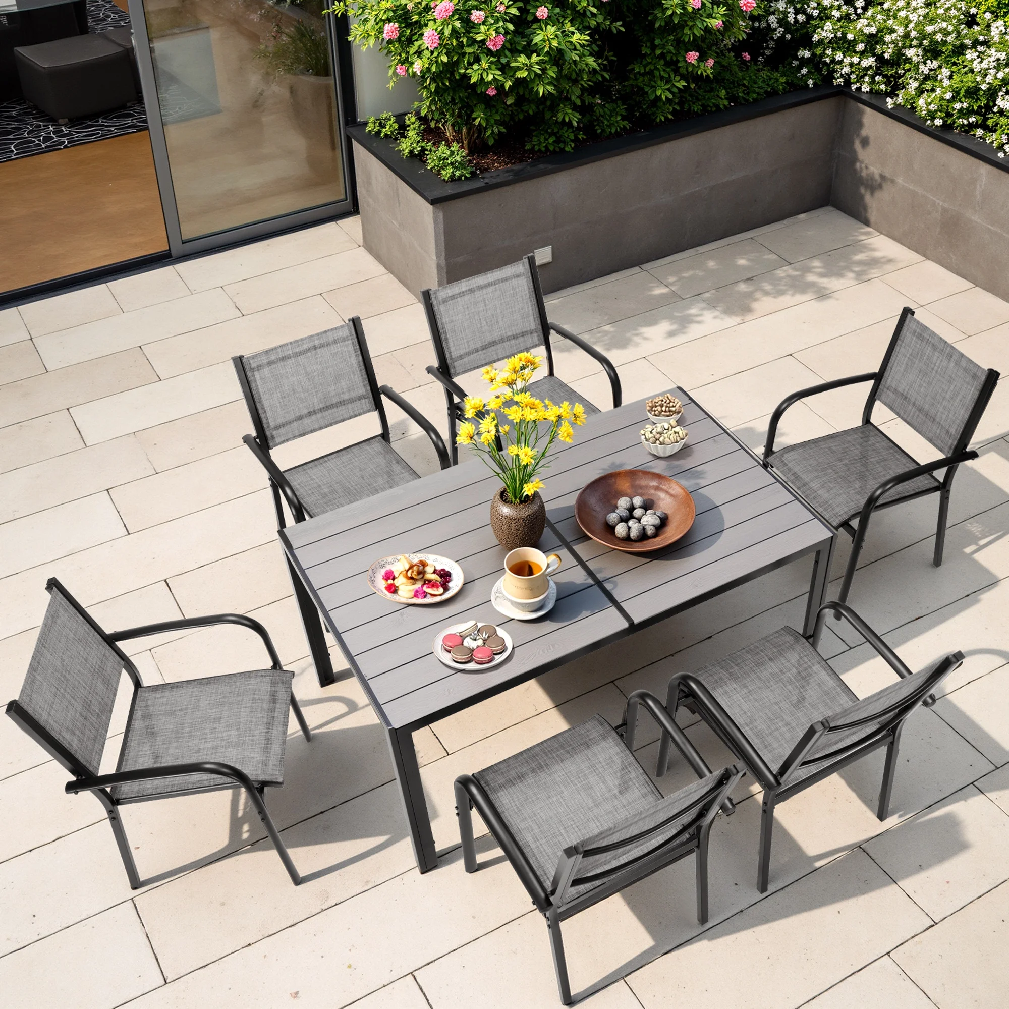7 Piece Outdoor Dining Set, Patio Dining Table Set for 6 Persons, Garden Patio Textilene Dining Furniture Set with Plastic-Wood Tabletop, Dining Table Chairs Conversation Set for Deck Patio - Image 28