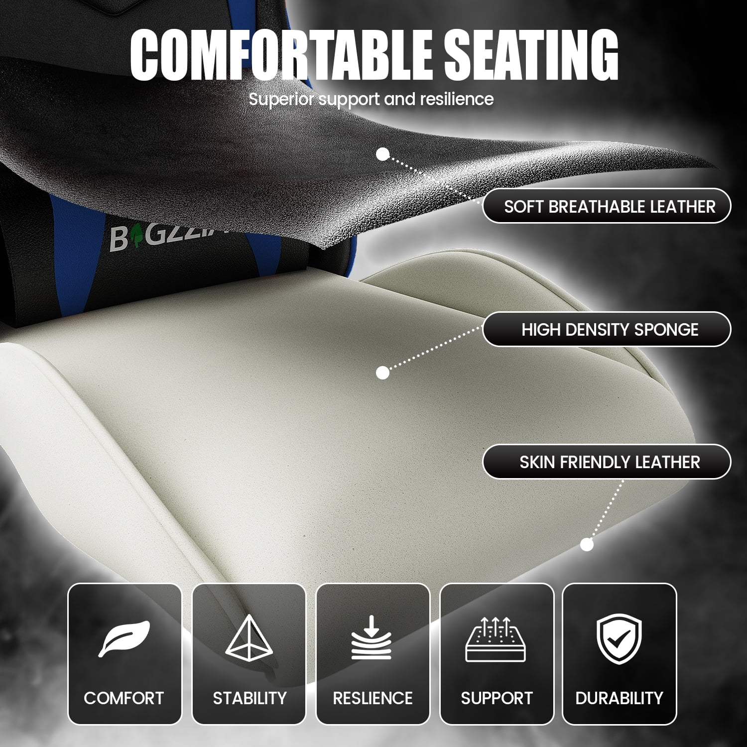 Bigzzia Gaming Chair Office Chair, Ergonomic Game Chair with Height Adjustable Headrest and Lumbar Support for Adults Teens, Black & White - Image 75