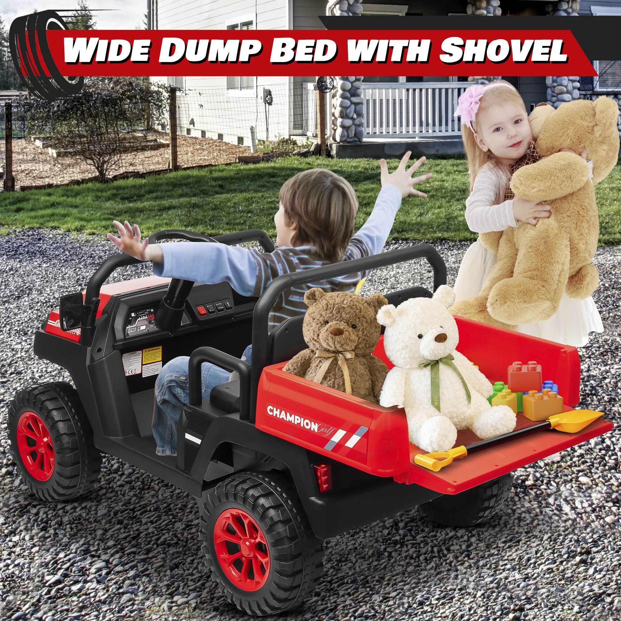 Joyracer 4WD 24 Volt Ride on Toys UTV with 2 Seater & Remote Control, Kids Electric Golf Cart w/ 4x200W Power Motors, Tiltable Trailer & Shovel, 4 Wheels Spring Suspension, Bluetooth USB Music, Black - Image 30