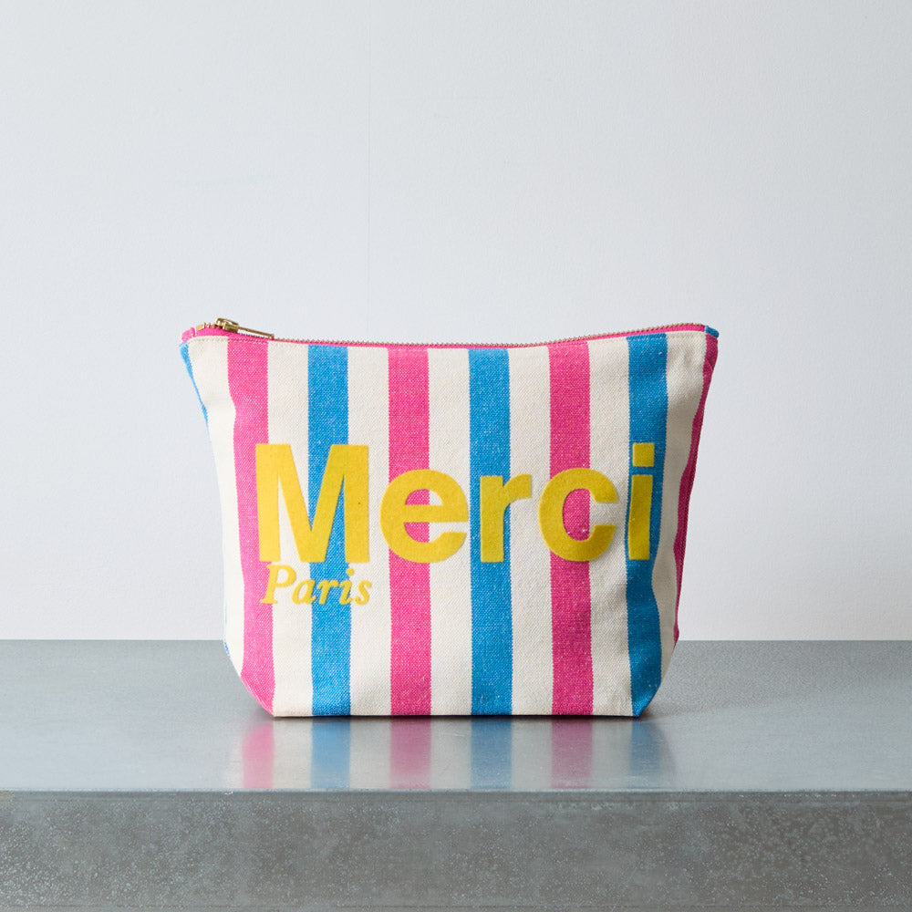 Merci - Pochette en coton rayé - Rose & Bleu