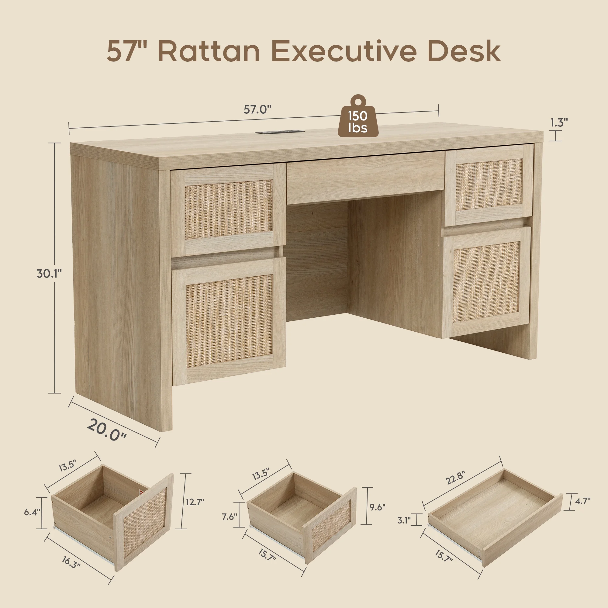 Brafab Home Office Desk with Charging Station, 5-Drawer Executive Desk with Rattan Front, Modern Farmhouse Computer Writing Desk, Built-in USB/Type-C Ports & Outlets - Image 12