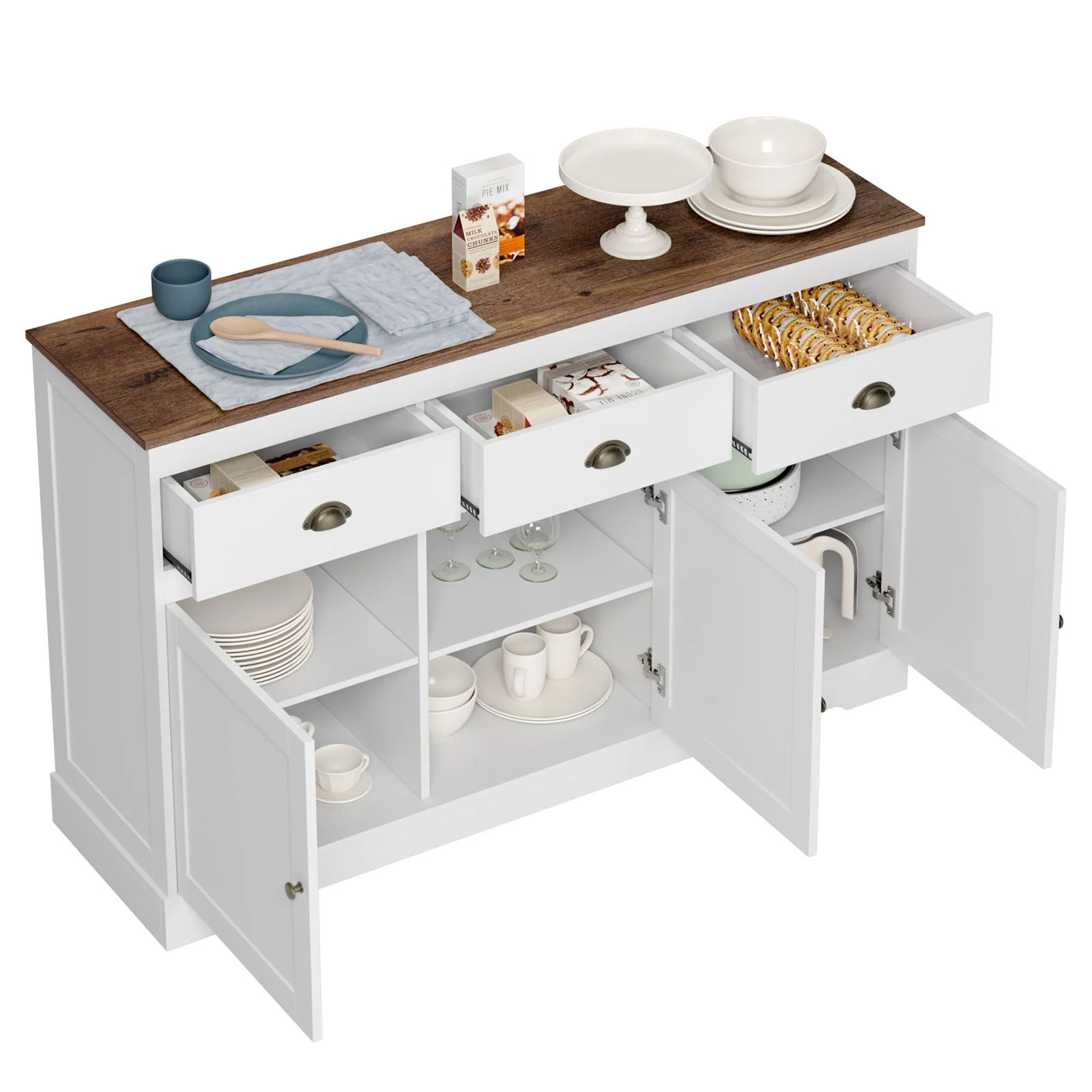 Homfa Sideboard Storage Cabinet with 3 Drawers & 3 Doors, 53.54'' Wide Buffet Cabinet for Dining Room, White - Image 4