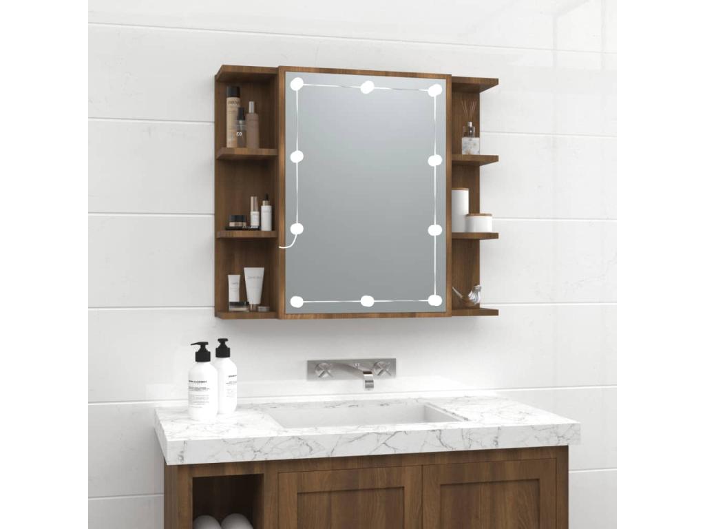 Mueble con espejo y luces LED roble marrón 70x16,5x60 cm