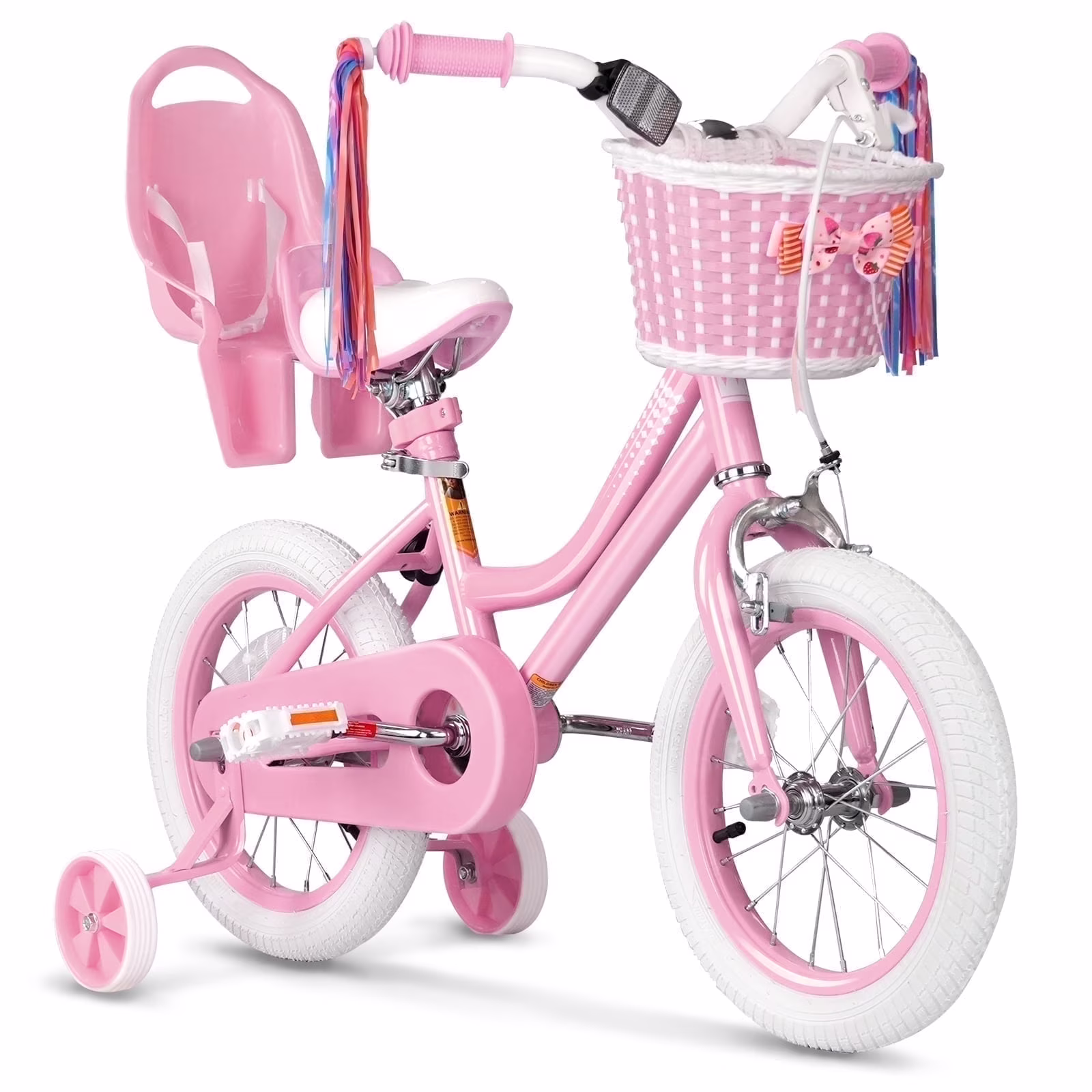 XJD Girls Bike for Toddlers 3 - 9 Years Old Kids, 14 in Kids Bike with Training Wheels, Streamers, Basket and Doll Seat, Children Bicycles with Handbrake(Pink/16")