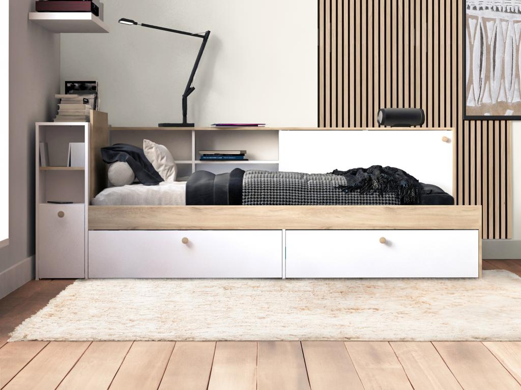Cama 90 x 190/200 cm con almacenamiento - Lujodec y natural + Somier + Colchón - LIARA