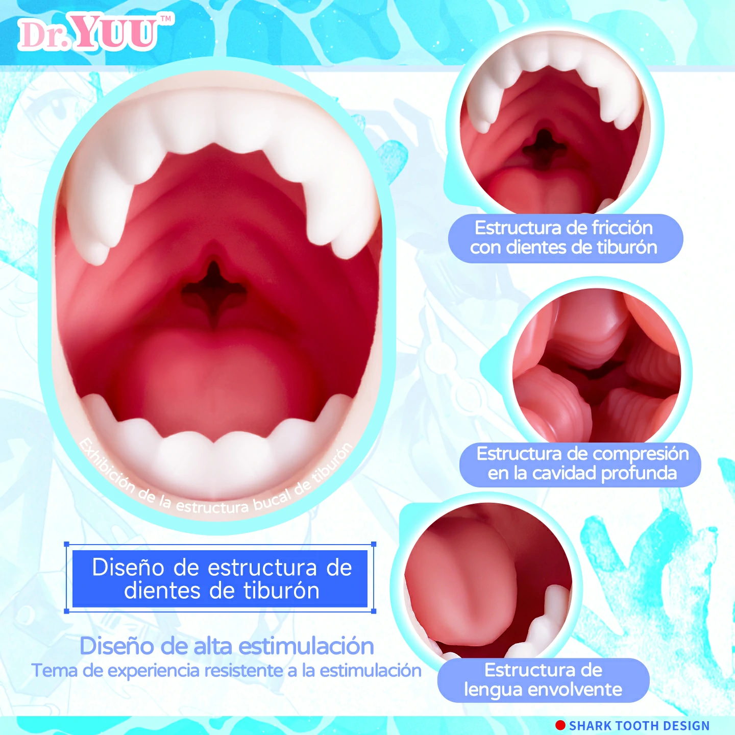 Detalle interno del masturbador Shark Girl Dr.YUU con dientes de tiburón y canal profundo.