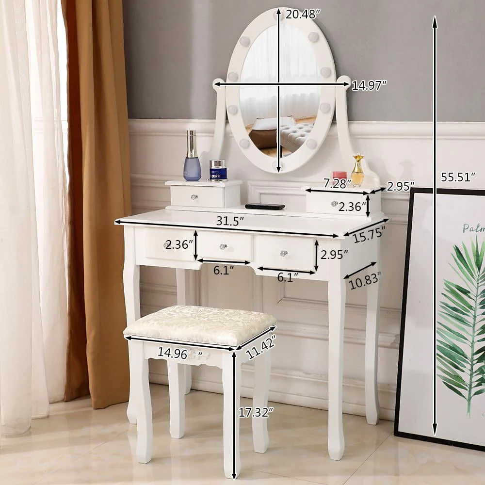 Ktaxon Vanity Table 10 LED Lights, 5 Drawers Makeup Dressing Desk with Cushioned Stool Set,Bedroom Vanities Set White - Image 5
