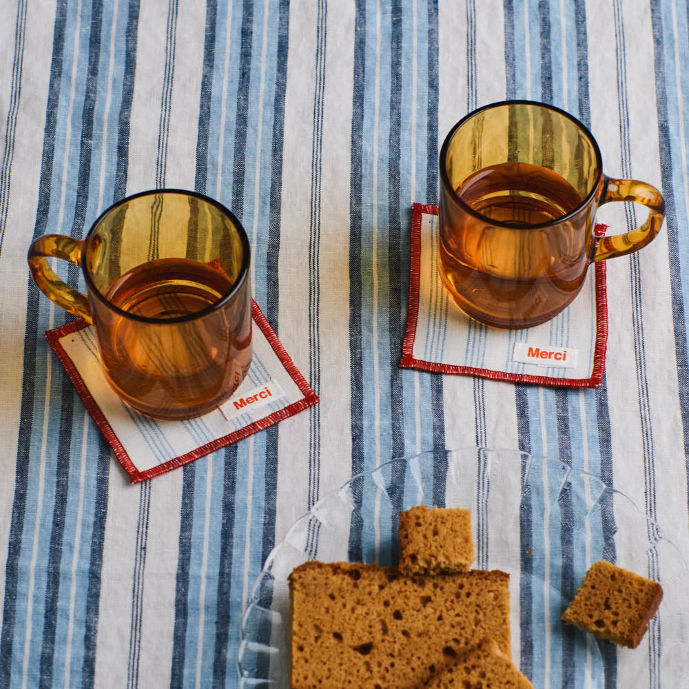Ensemble de 6 dessous de verre en lin lavé - Rayures Pinceau Bleu Primaire