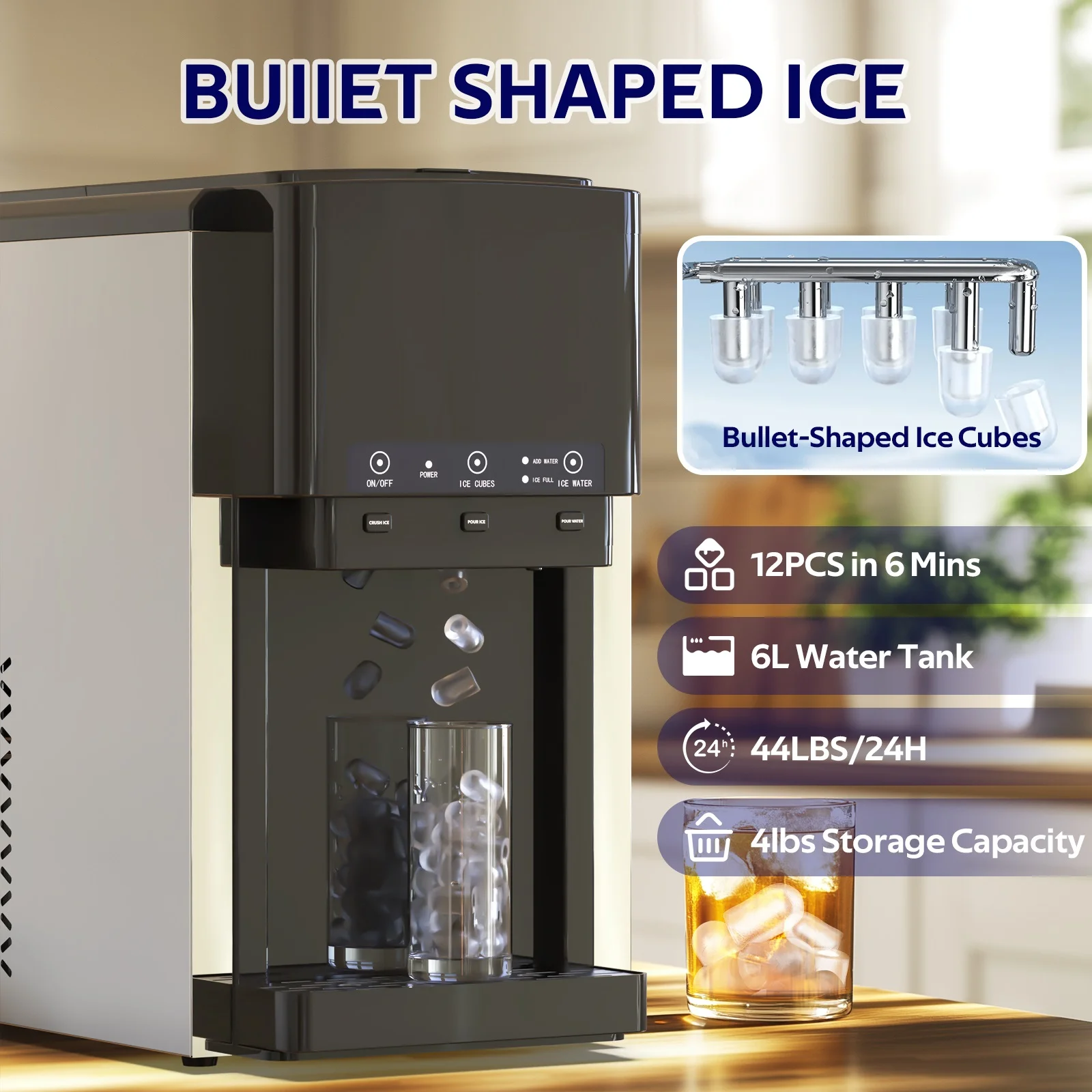 Advwin 3 in 1 Water Dispenser with Ice Maker Countertop, Bullet Ice, Crushed Ice, Water Cooler, 44Lbs/24H, 12 Ice Cube/6Min, Self-cleaning, 4Lbs Ice Storage, Home, Kitchen, Party, RV - Image 10