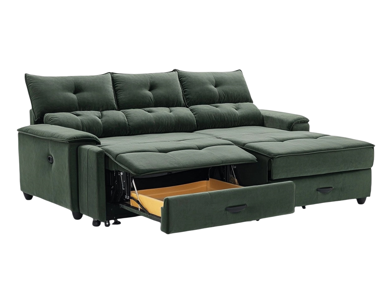 Sofá cama verde de 2 plazas con almacenamiento y función reclinable para sala de estar pn1278890