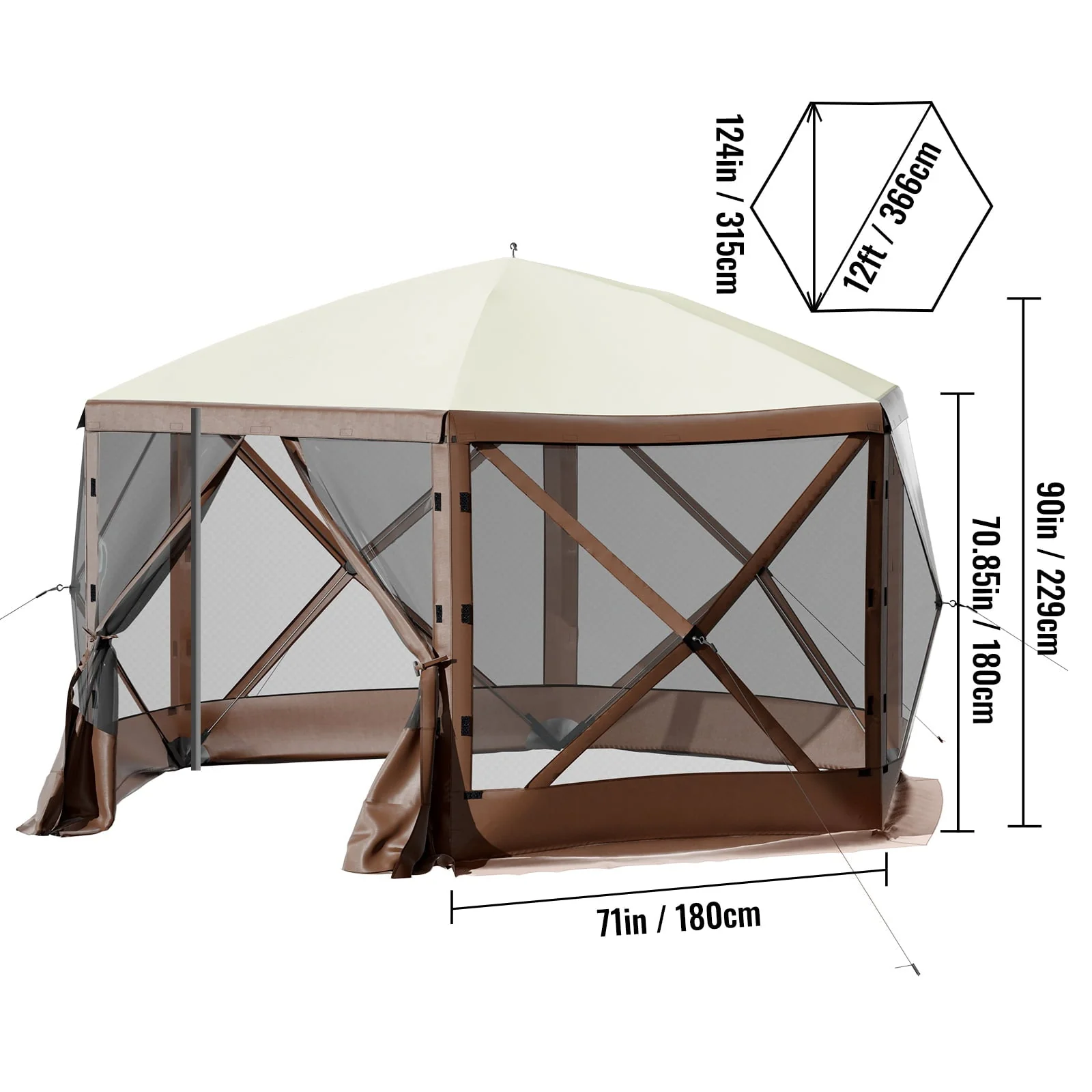 VEVORbrand Camping Gazebo Tent, 12'x12', 6 Sided Pop-up Canopy Screen Tent for 8 Person Camping, Waterproof Screen Shelter w/Portable Storage Bag, Ground Stakes, Mesh Windows, Brown & Beige - Image 8