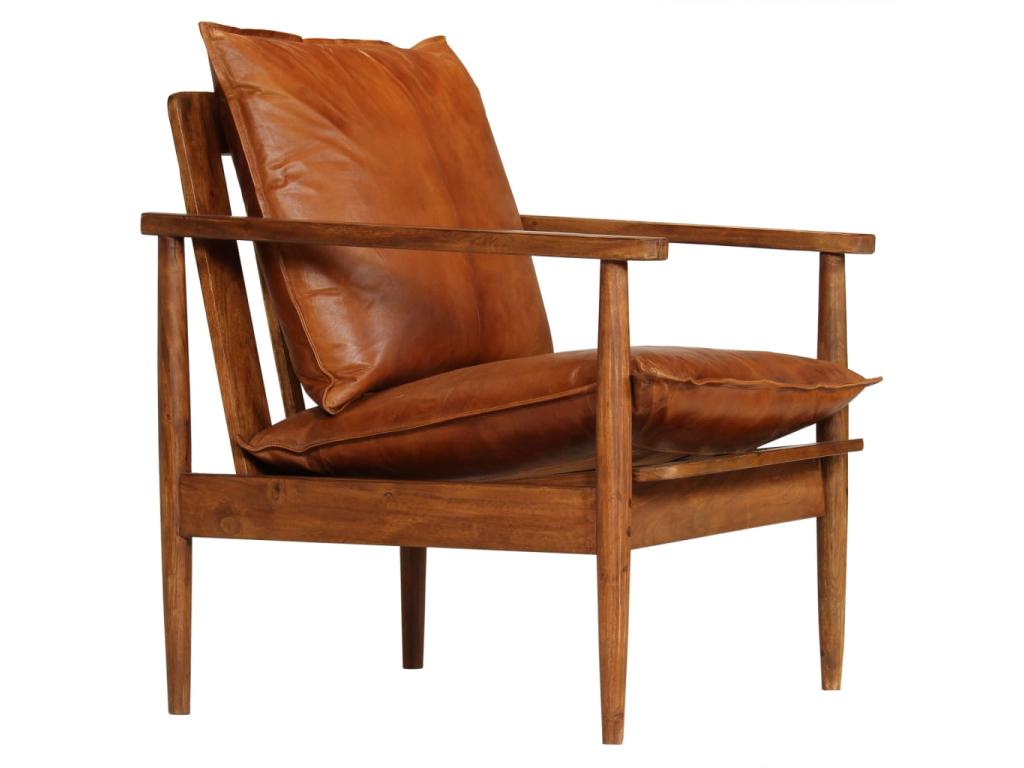 Sillón de cuero auténtico marrón con madera de acacia