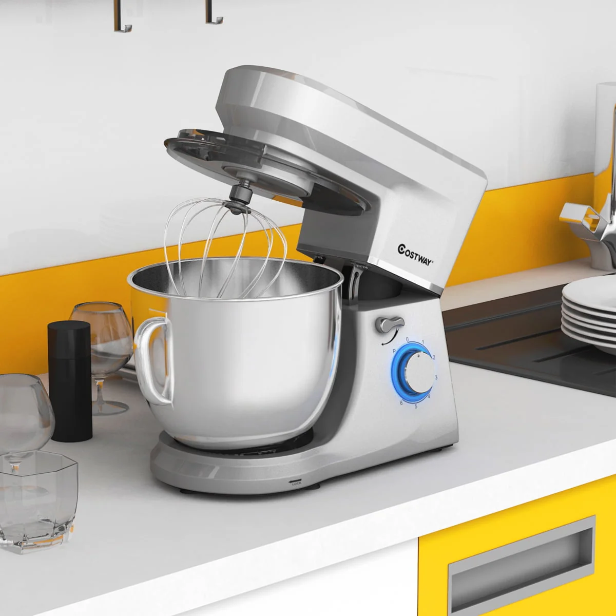 Costway Tilt-Head Stand Mixer 7.5 Qt 6 Speed 660W with Dough Hook, Whisk & Beater Silver - Image 3