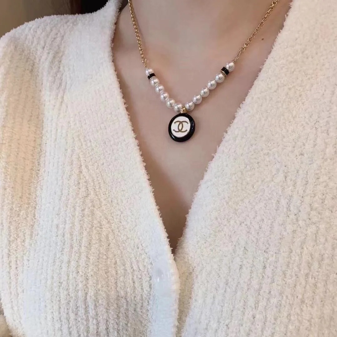 Chanel Black and White Round Charm Pearl Bracelet Necklace - Original Replica Club